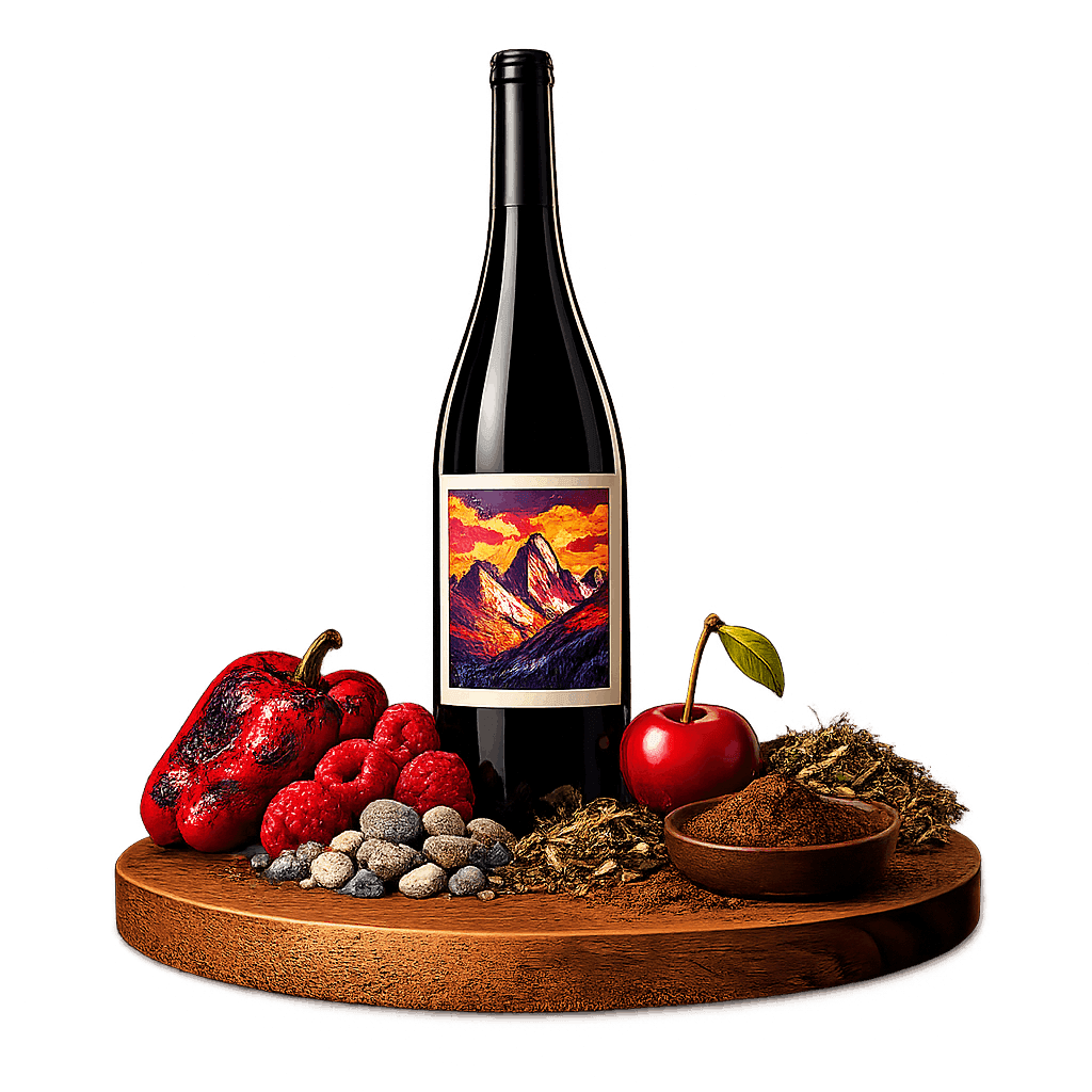 Artistic label and flavor profile for Colorado Cabernet Franc on a rustic wooden table.