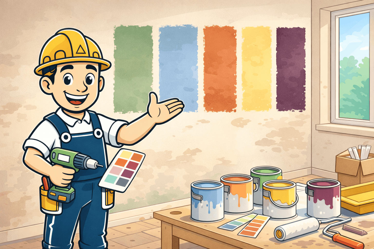 Illustration d’Alfred, mascotte de Place de la Rénovation, en train de peindre un mur avec différentes couleurs tendances pour une rénovation intérieure moderne.