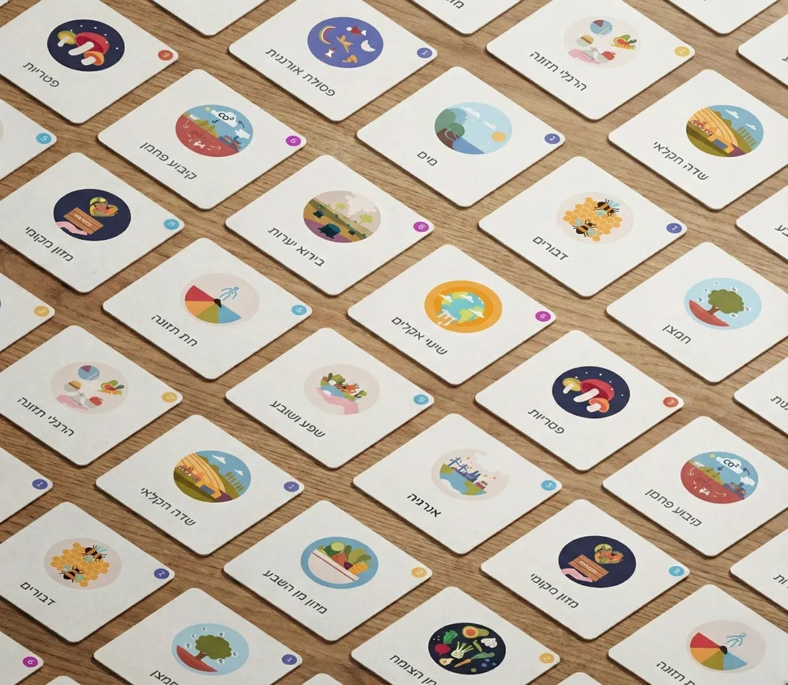 Flat lay of "Food Connection" game cards featuring colorful custom iconography representing food systems and sustainability topics.