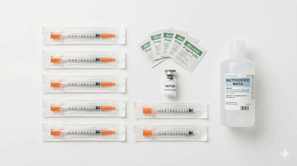 Retatrutide injection supplies including syringes, alcohol swabs, and peptide vial