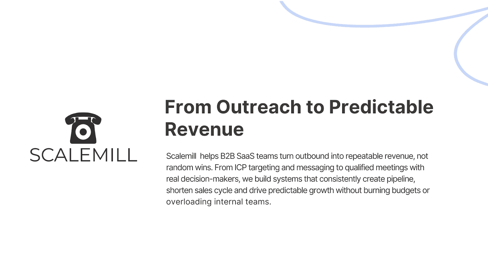 Scalemill logo with a tagline emphasizing its focus on transforming outbound sales for B2B SaaS into predictable revenue.