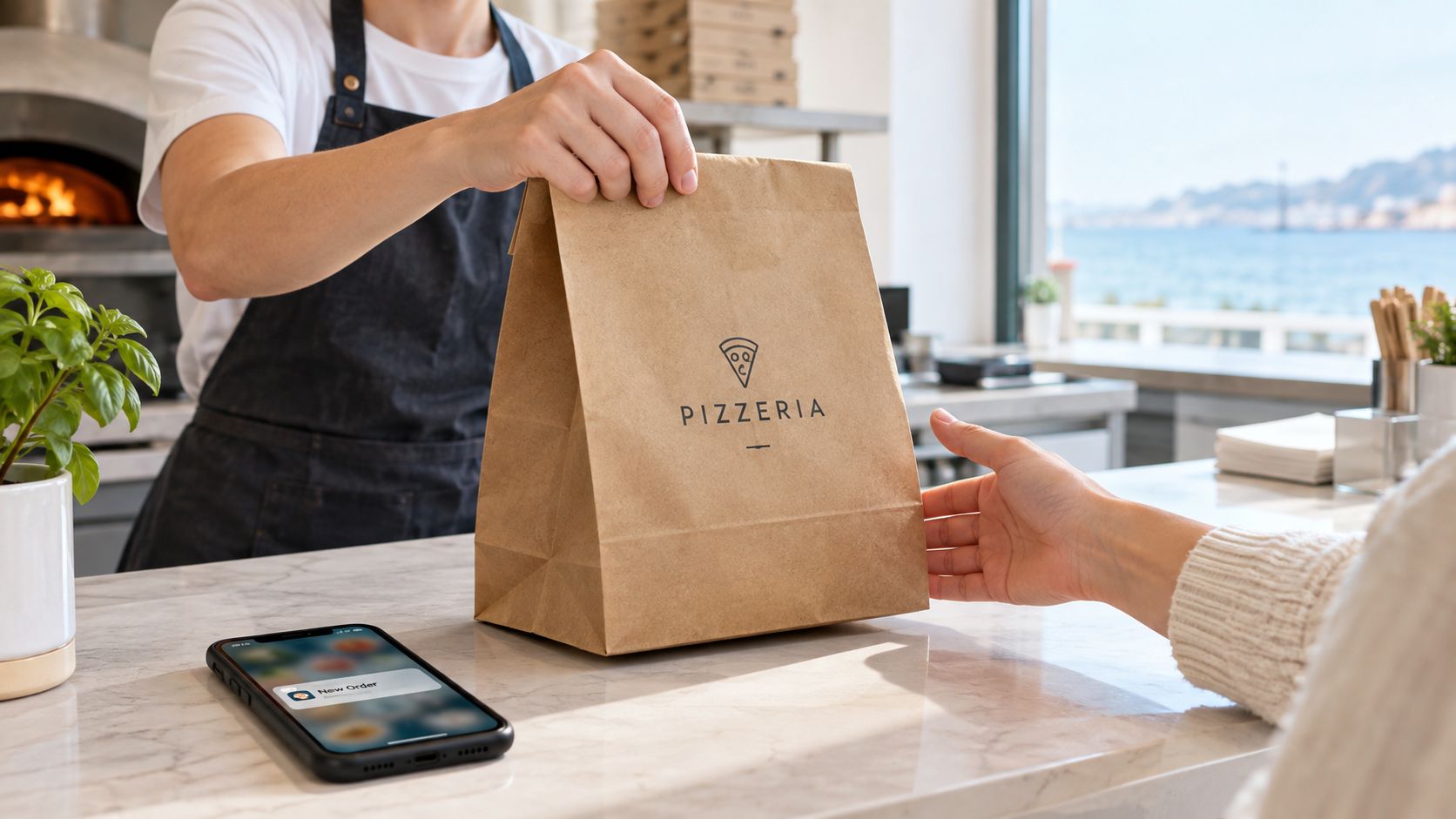 Un empleado de pizzería entrega una bolsa de papel a un cliente en el mostrador del restaurante.