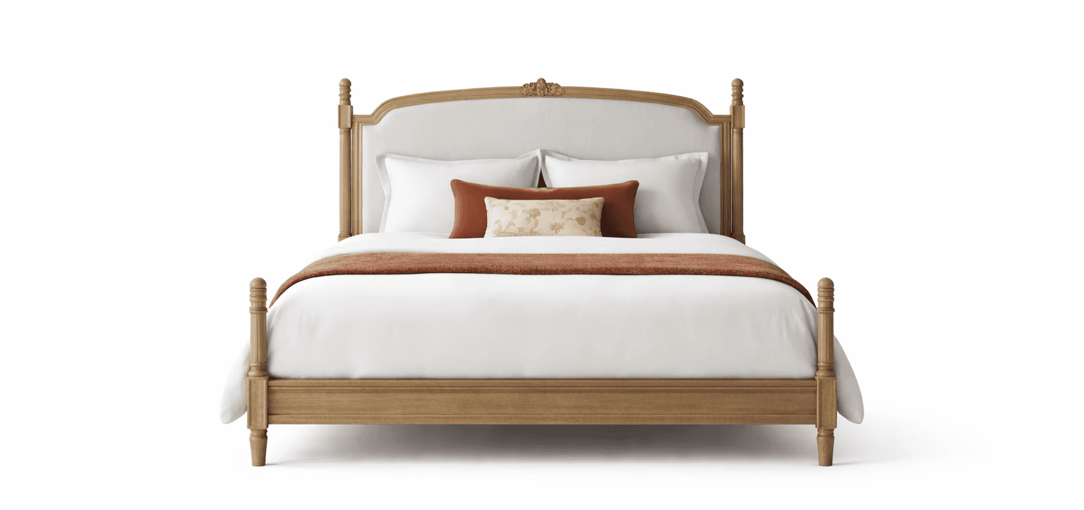 Upholstered bed with framed headboard, slim profile, and tailored edge detailing
