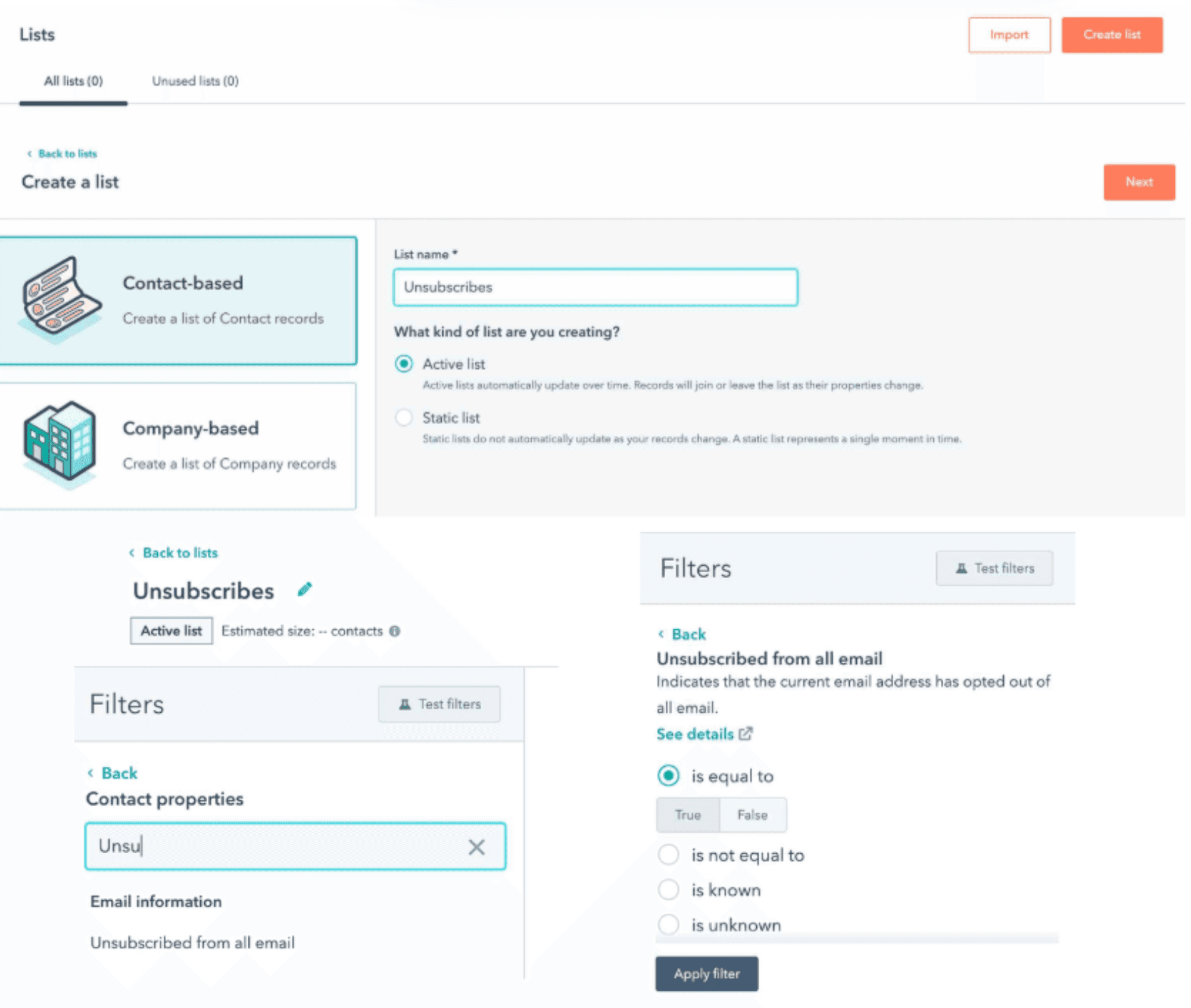 Export HubSpot Unsubscribes.png  Alt text: "HubSpot unsubscribe list with filters set to identify users who opted out of emails."