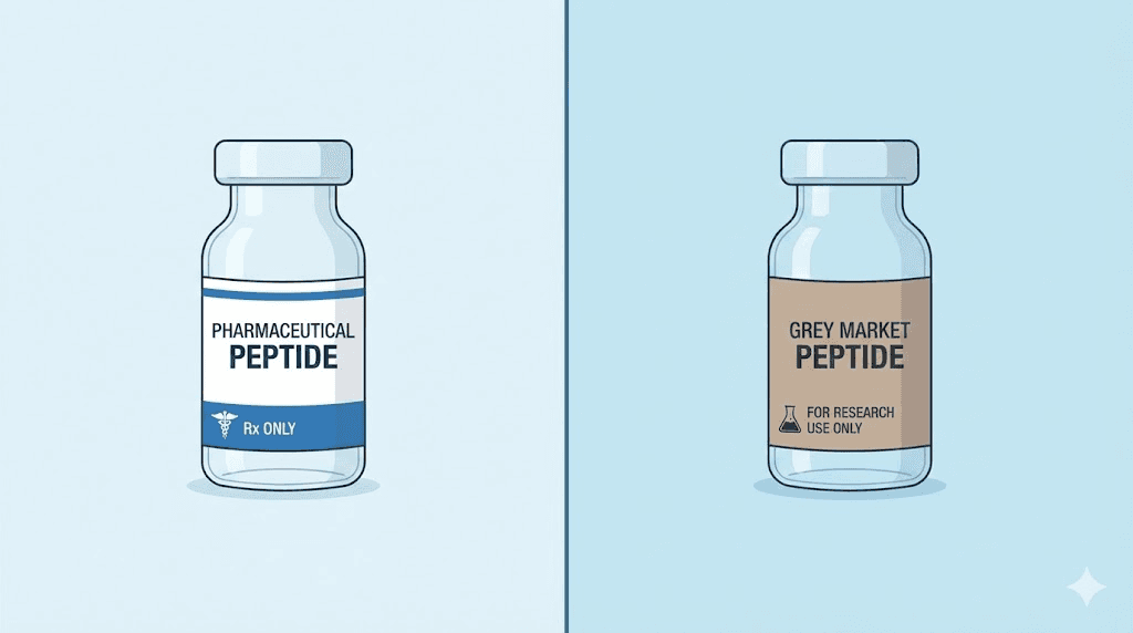 Grey market peptide vial compared to pharmaceutical peptide vial