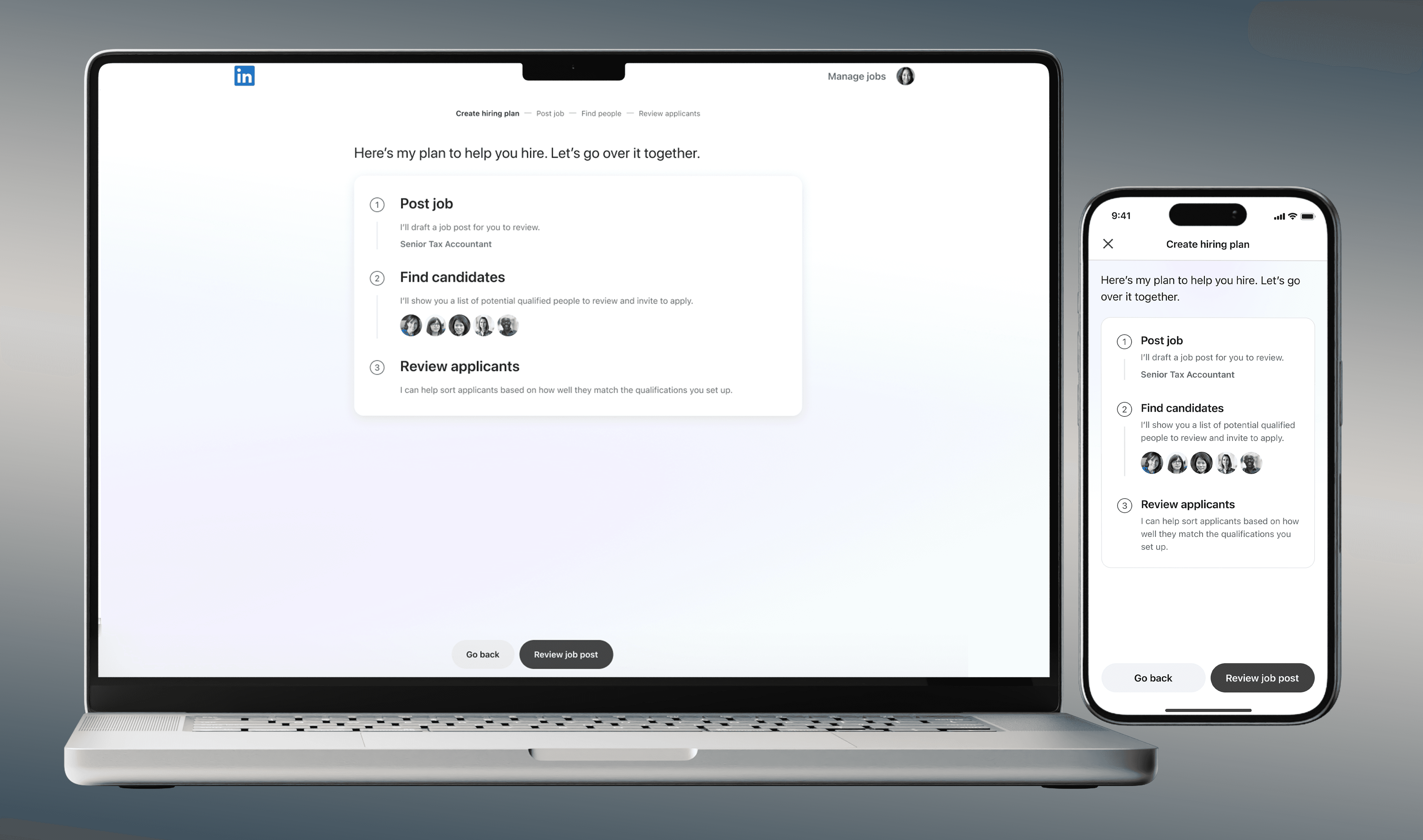 LinkedIn Hiring Assistant - iPhone and MacBook 
