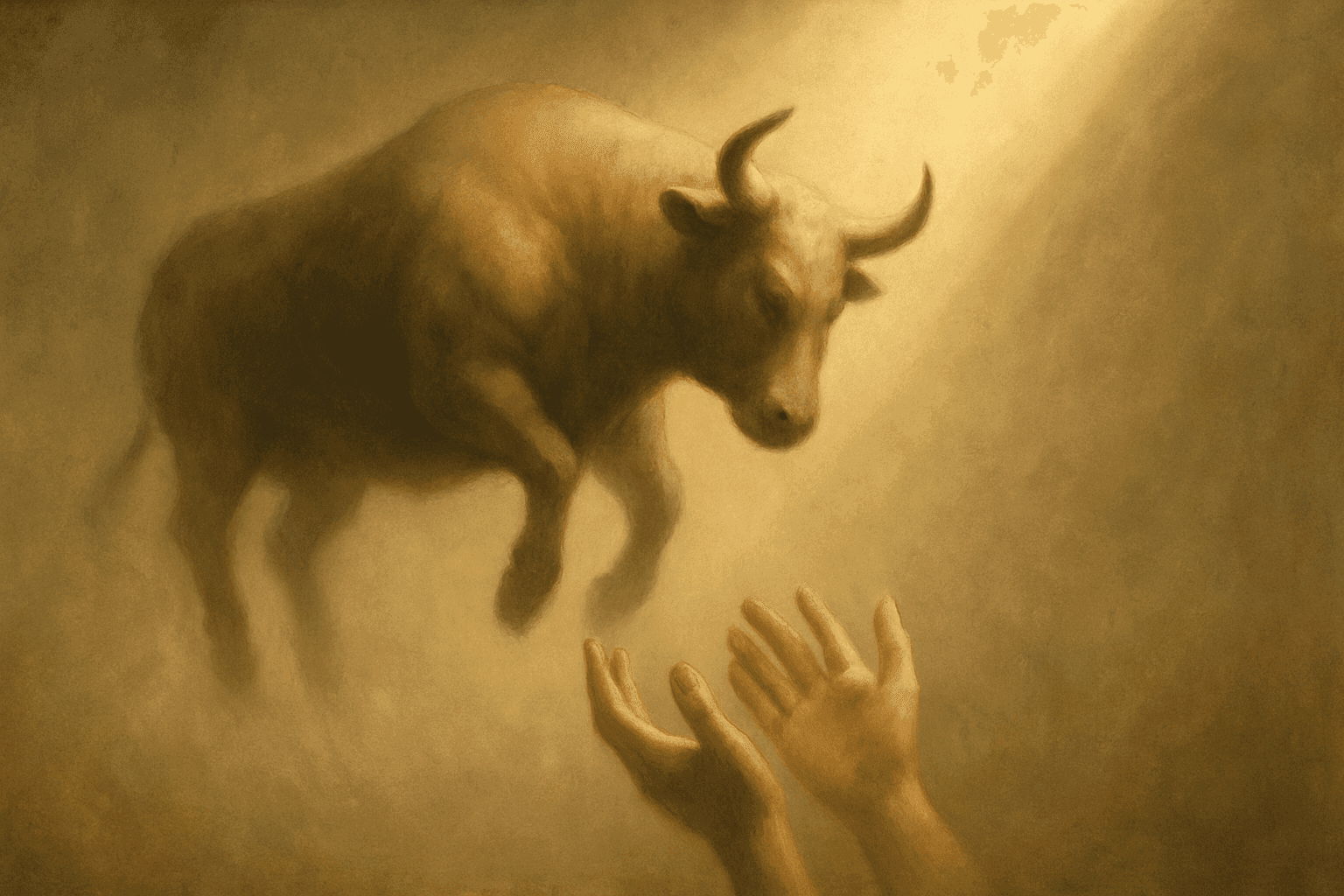 A bull falling from heavan evoking a play on the holy spirit descending as a dove.