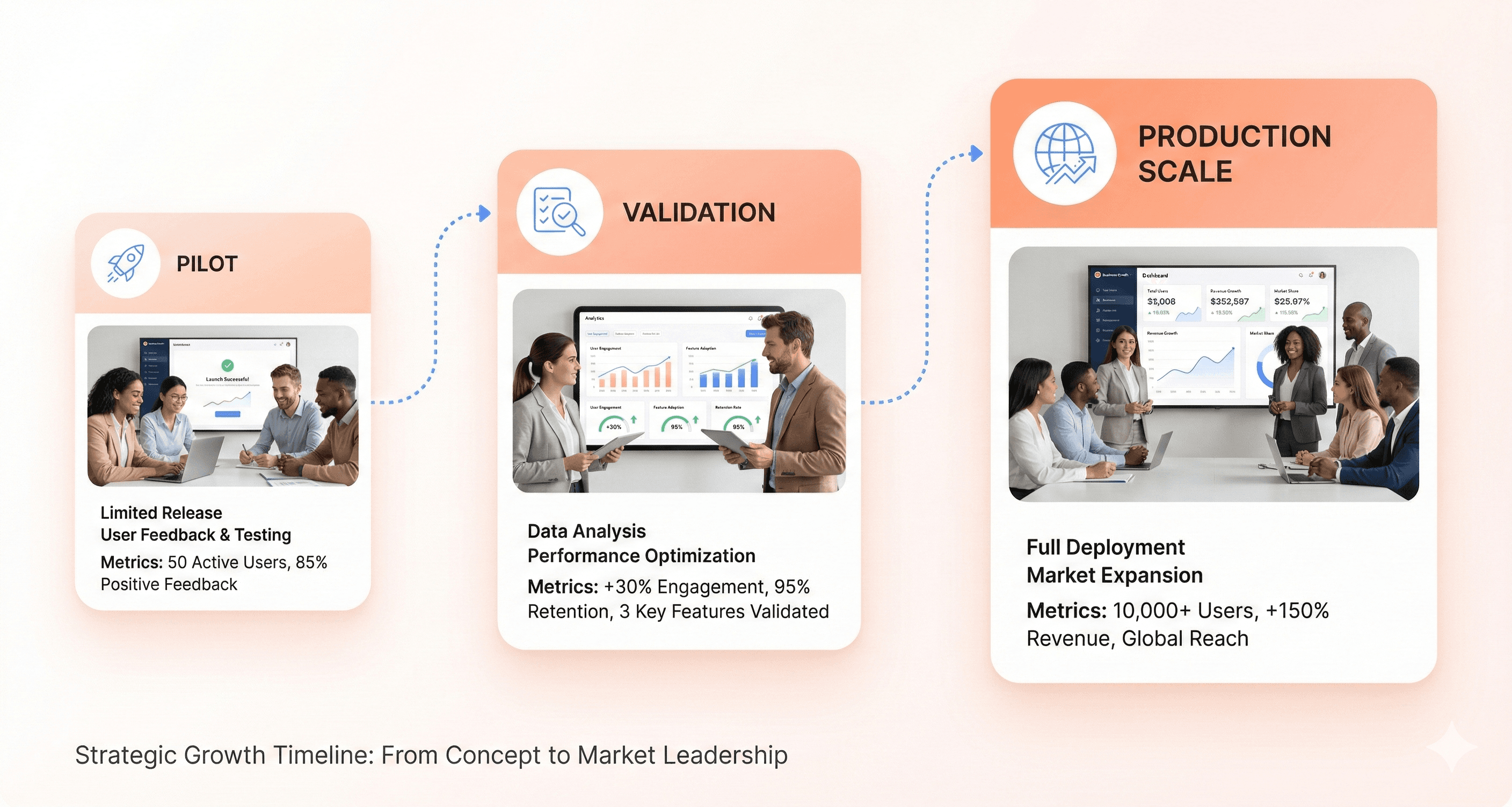 Enterprise AI journey visual showing structured pilots scaling into production deployments with measurable business impact.