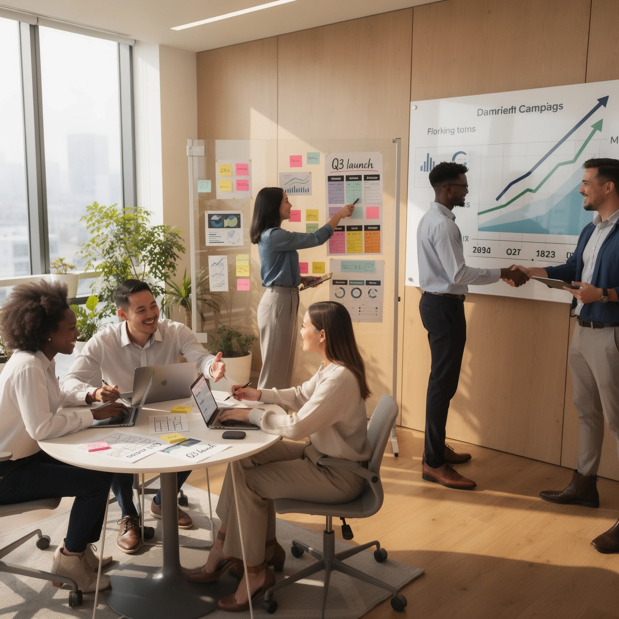 A group of six diverse professionals are engaged in a meeting in a modern office.