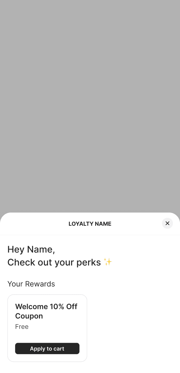 mobile UI for the Loyalty Widget showing the widget state on a welcome screen with 0 points