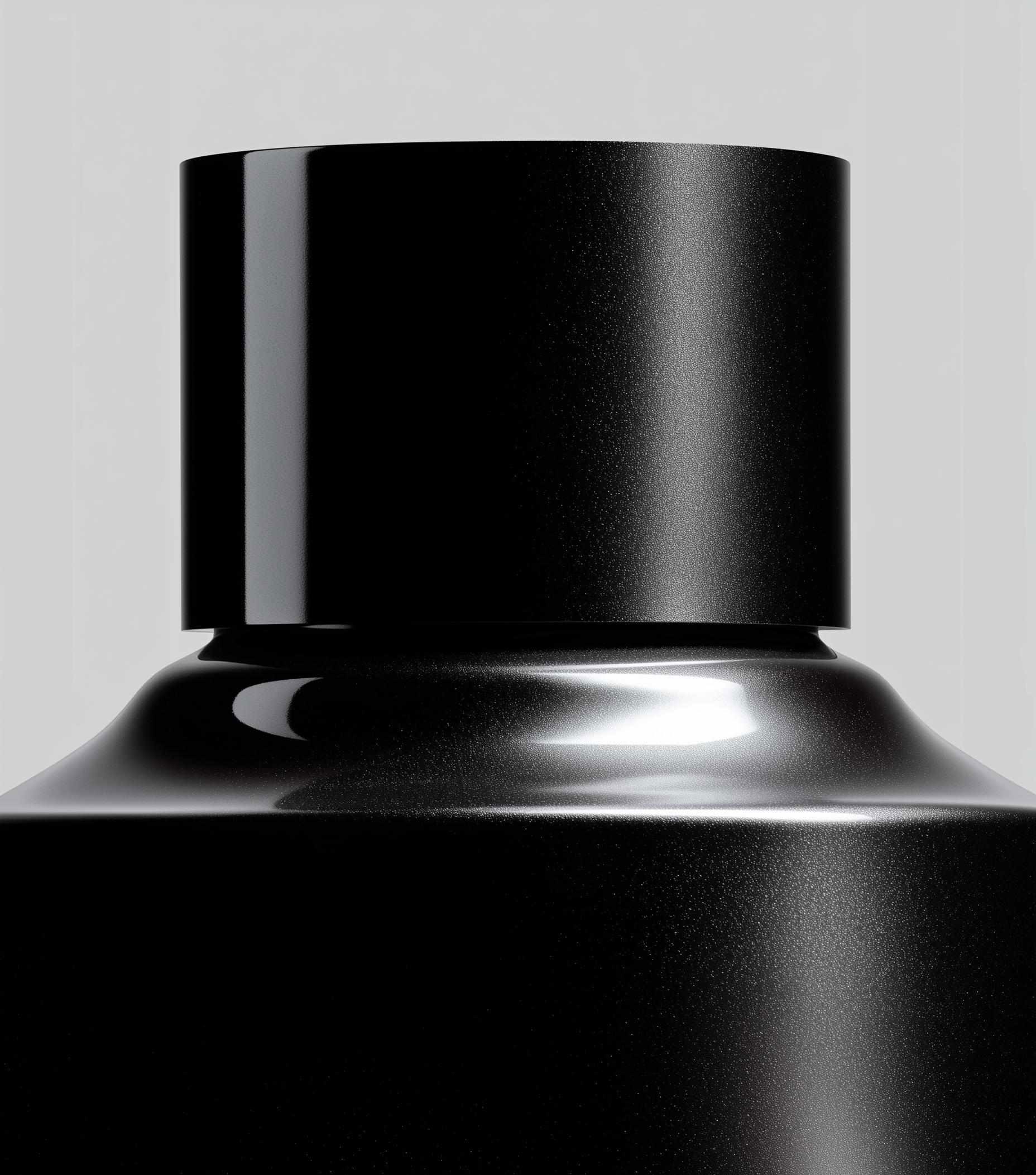 Close-up of a black bottle cap and neck, with reflective highlights.