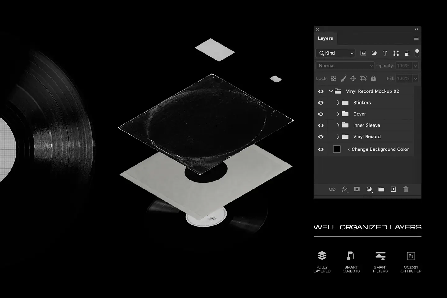 Vinyl record mockup Photoshop template with smart objects and organized layers