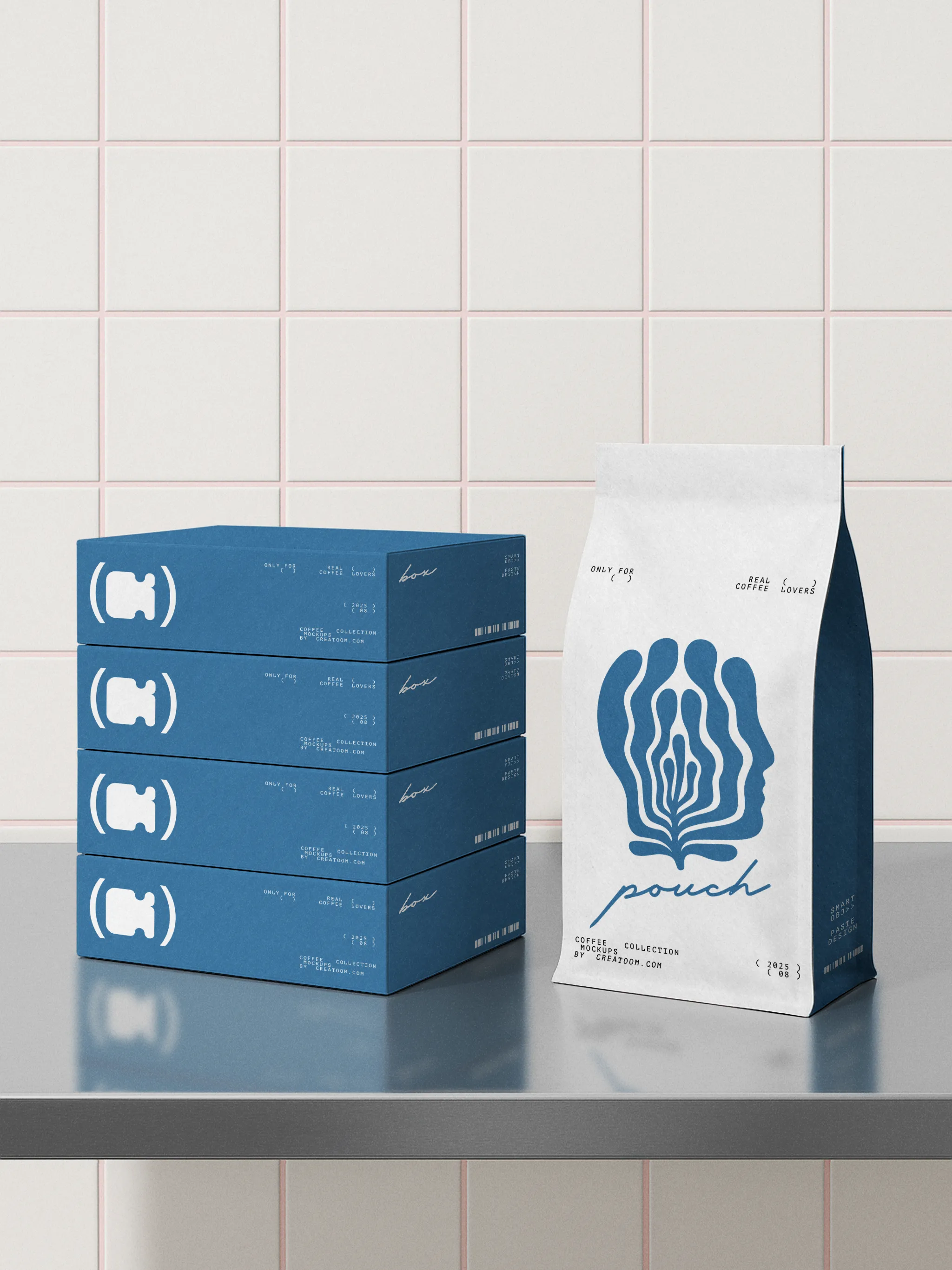 Branded packaging boxes and coffee bag on tiled counter