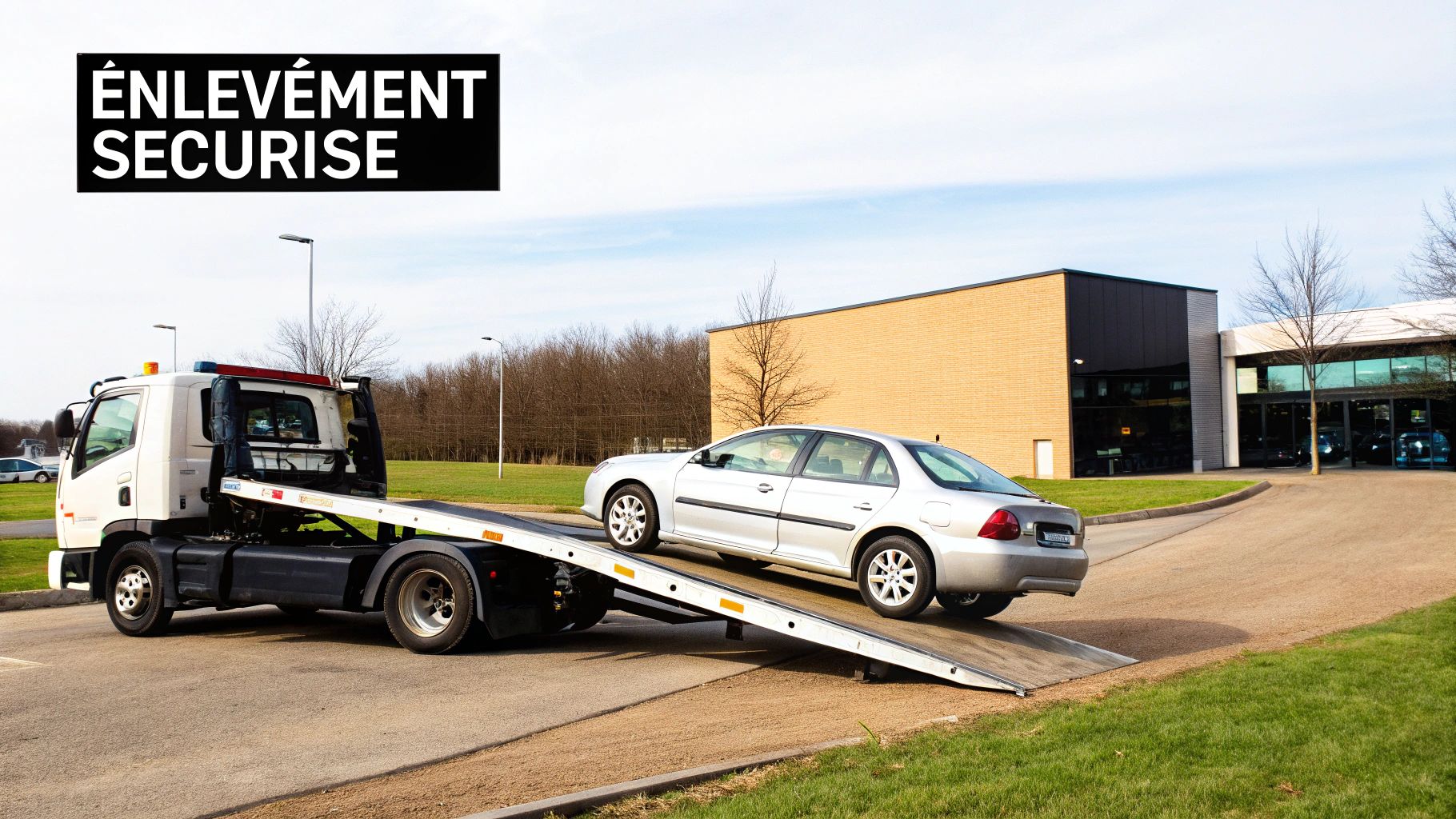 Un camion de remorquage charge une voiture grise sur sa plateforme avec le texte