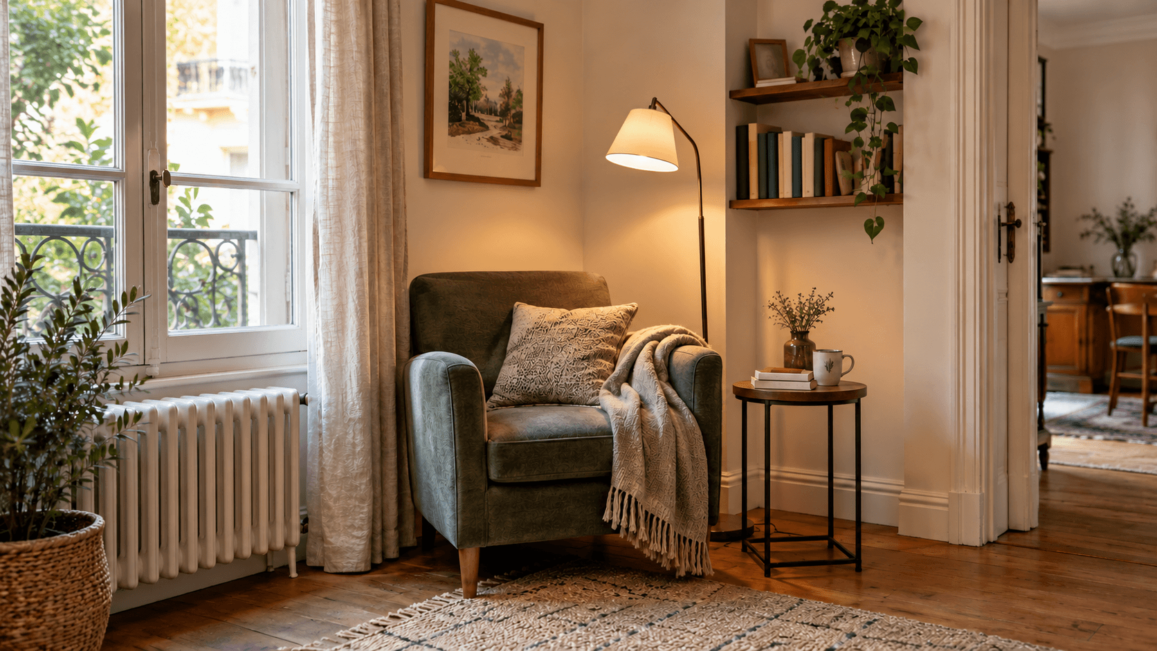 Un fauteuil près d’une fenêtre compose un coin lecture avec une petite table, un lampadaire et deux étagères.