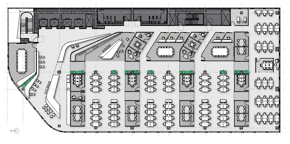 A test-fit of a typical office floor plan highlighting the expansive open area achieved through the offset core design.