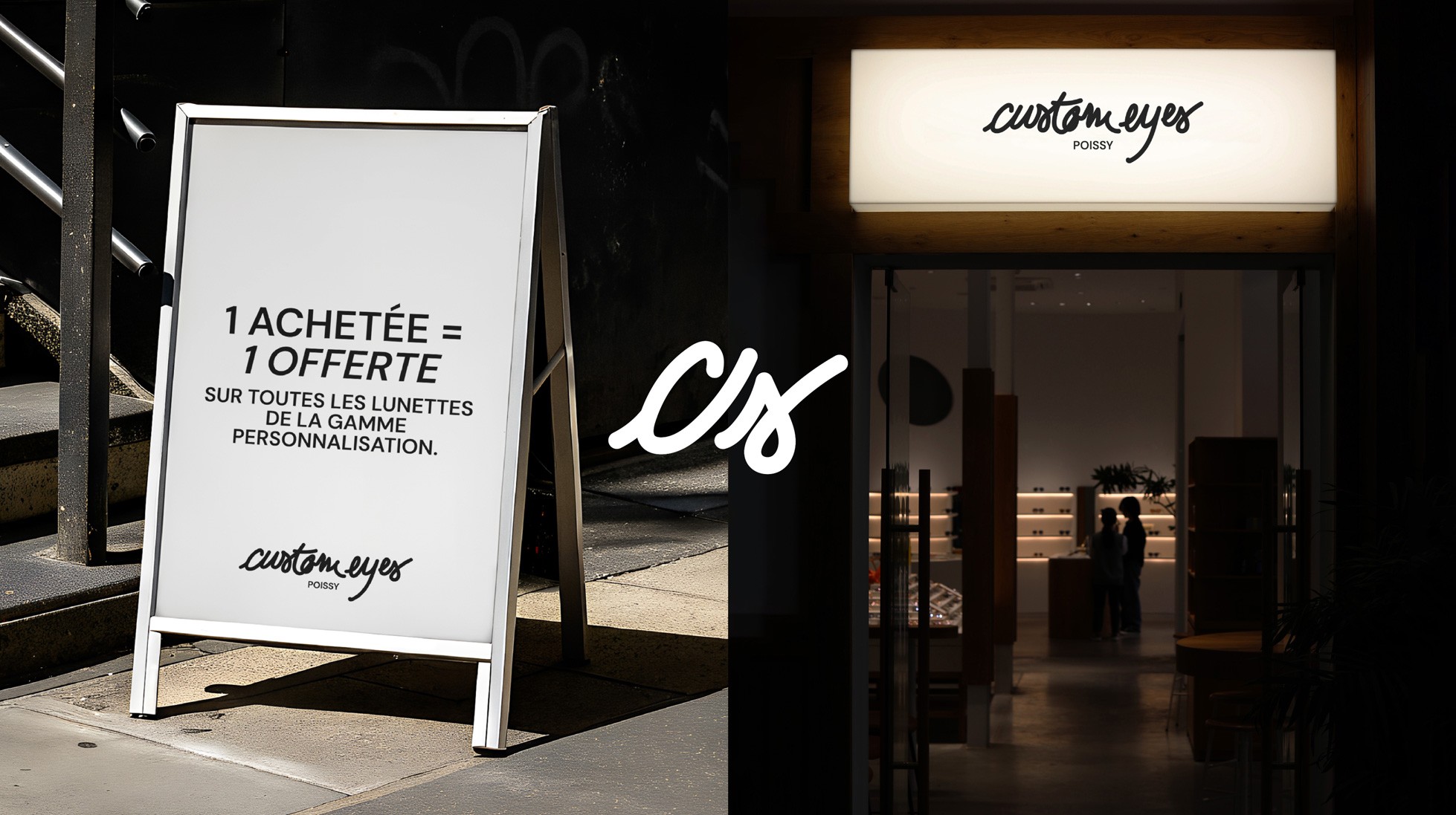 Enseigne lumineuse Custom Eyes + stop trottoir promotionnel : 1 achetée = 1 offerte.