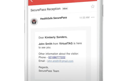 screenshot of phone with reception email