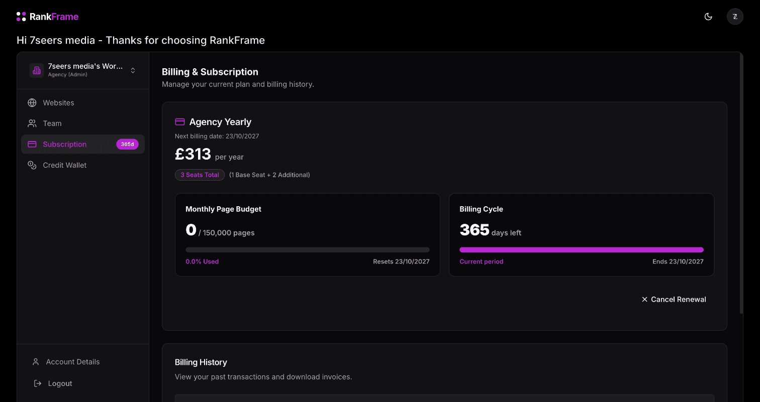 RankFrame Billing and Subscription showing an Agency Yearly plan with three seats