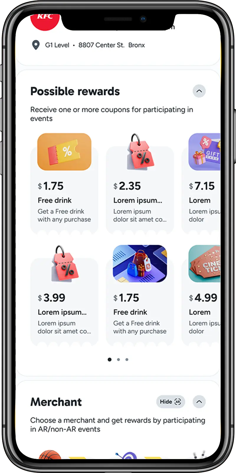 Screens of the Qubi mobile app — a gamified loyalty platform with rewards, wallet, and brand map.