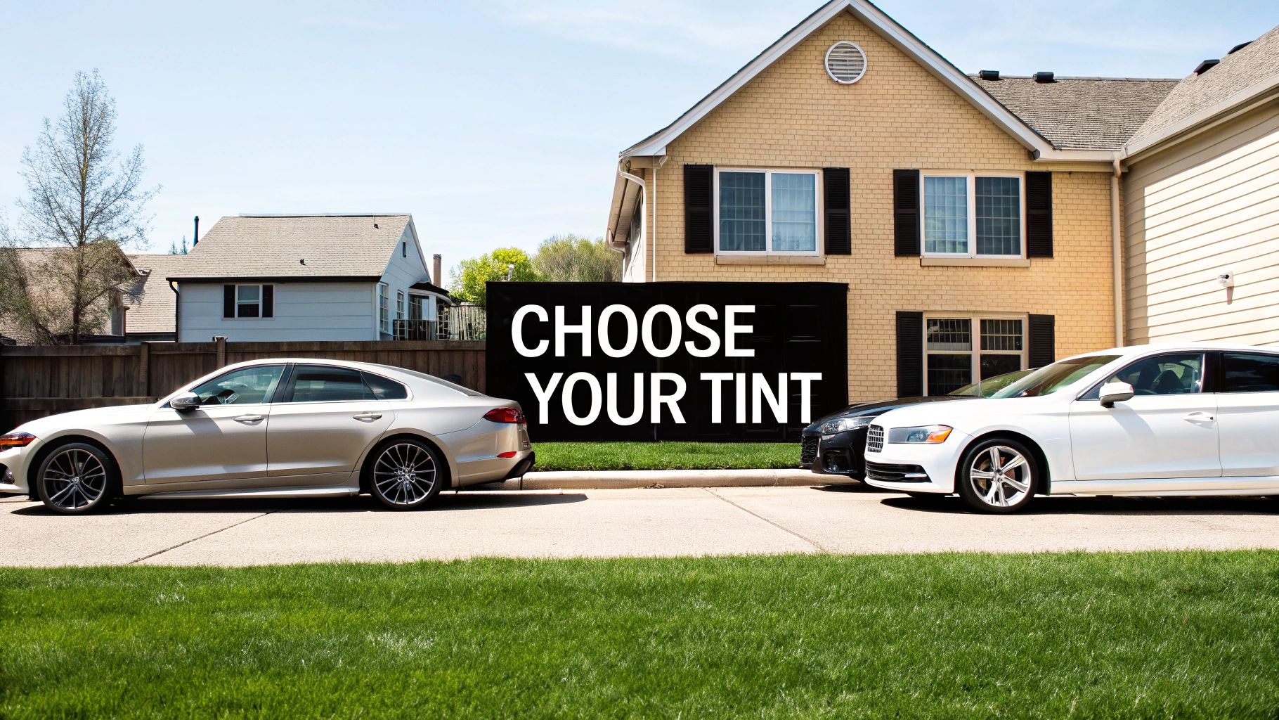 A large black sign displaying 'CHOOSE YOUR TINT' positioned between two cars on a suburban street.
