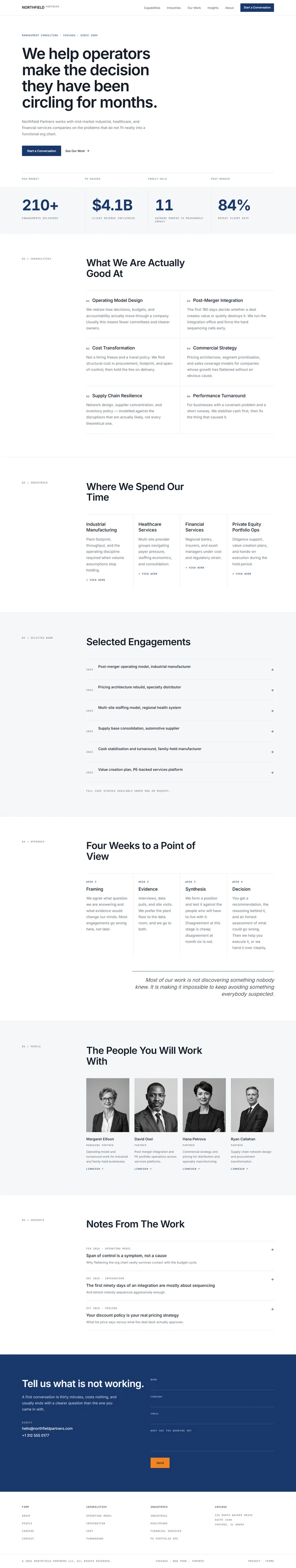 Full consulting firm website design: type hero, metrics, capabilities, engagements, partners