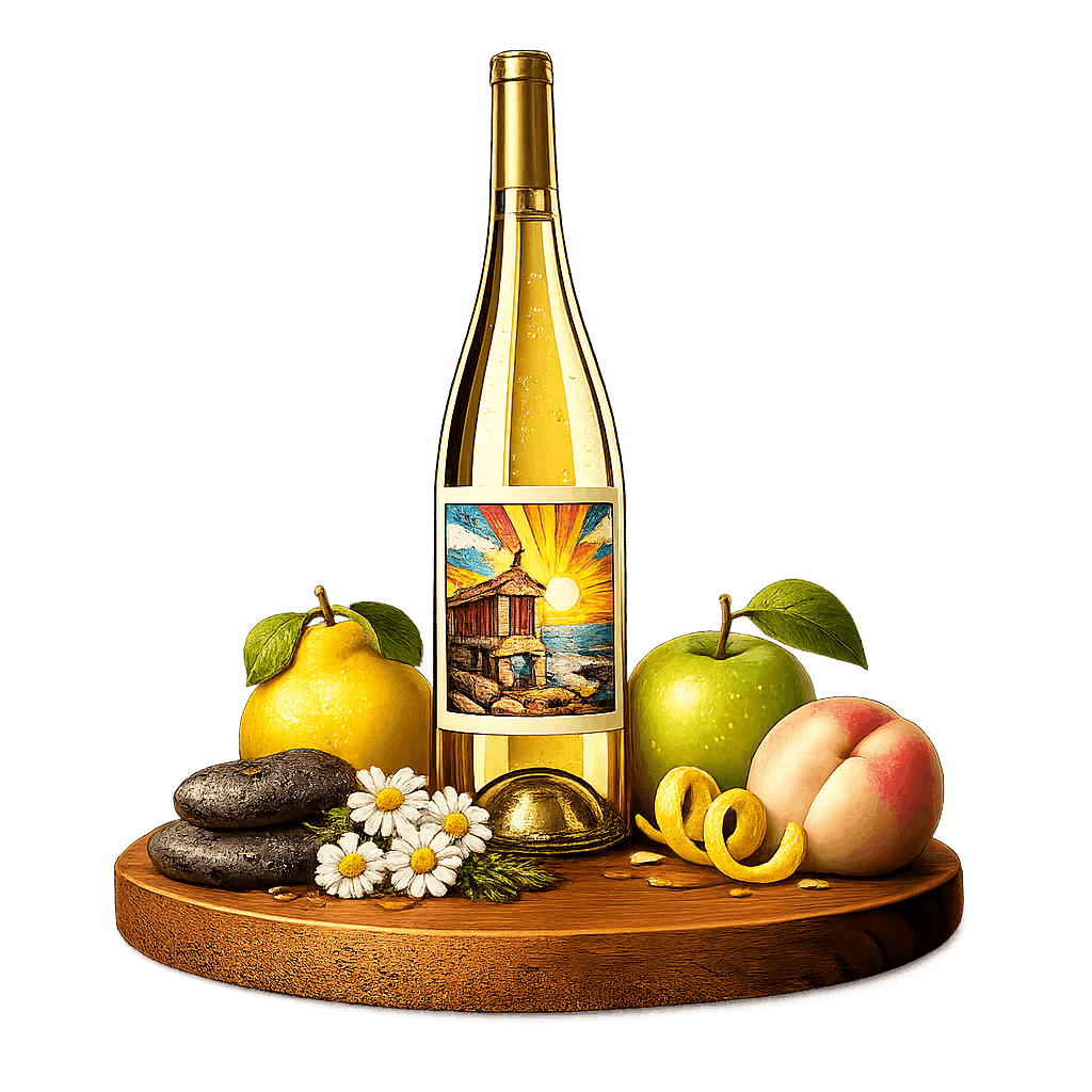 Artistic label and flavor profile for Spanish Godello on a rustic wooden table.