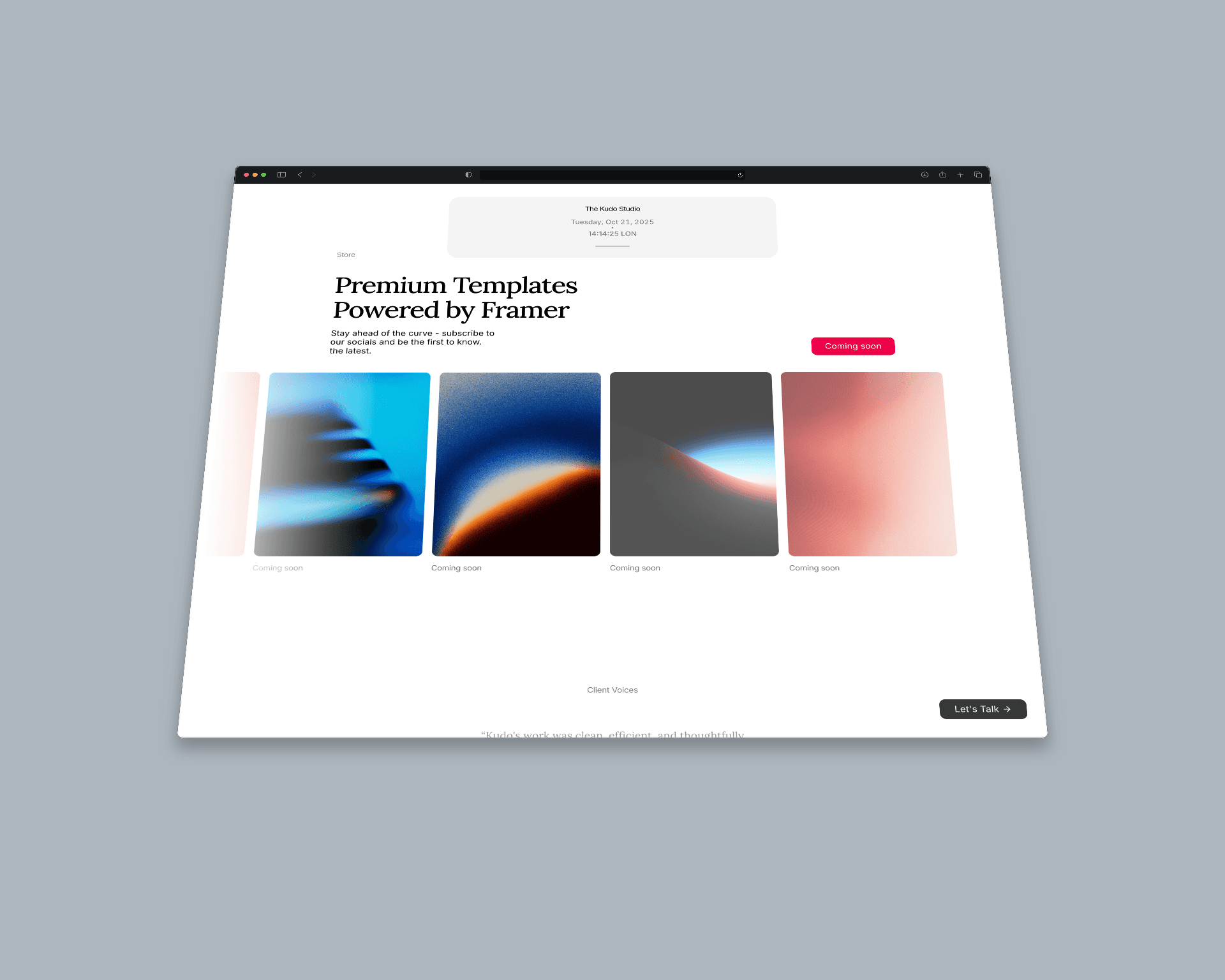 Web page mockup of The Kudo Studio minimalist website design, showcasing clean typography and a no-code web design layout. Demonstating the Framer templates store section.