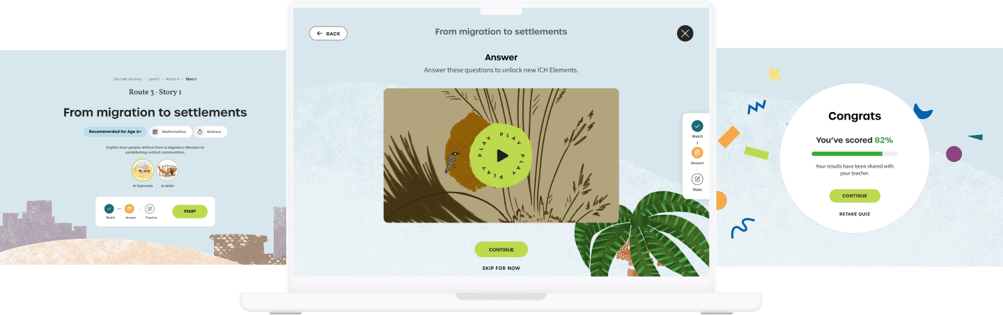 Three-panel illustration featuring a nature theme with leaves, informative text, and a central image of a circle with a design. for ICH Case