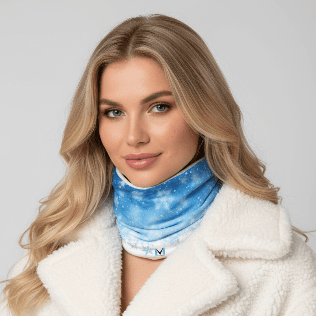 AI model wearing the blue neckwarmer and a white fur coat, made with Caspa AI