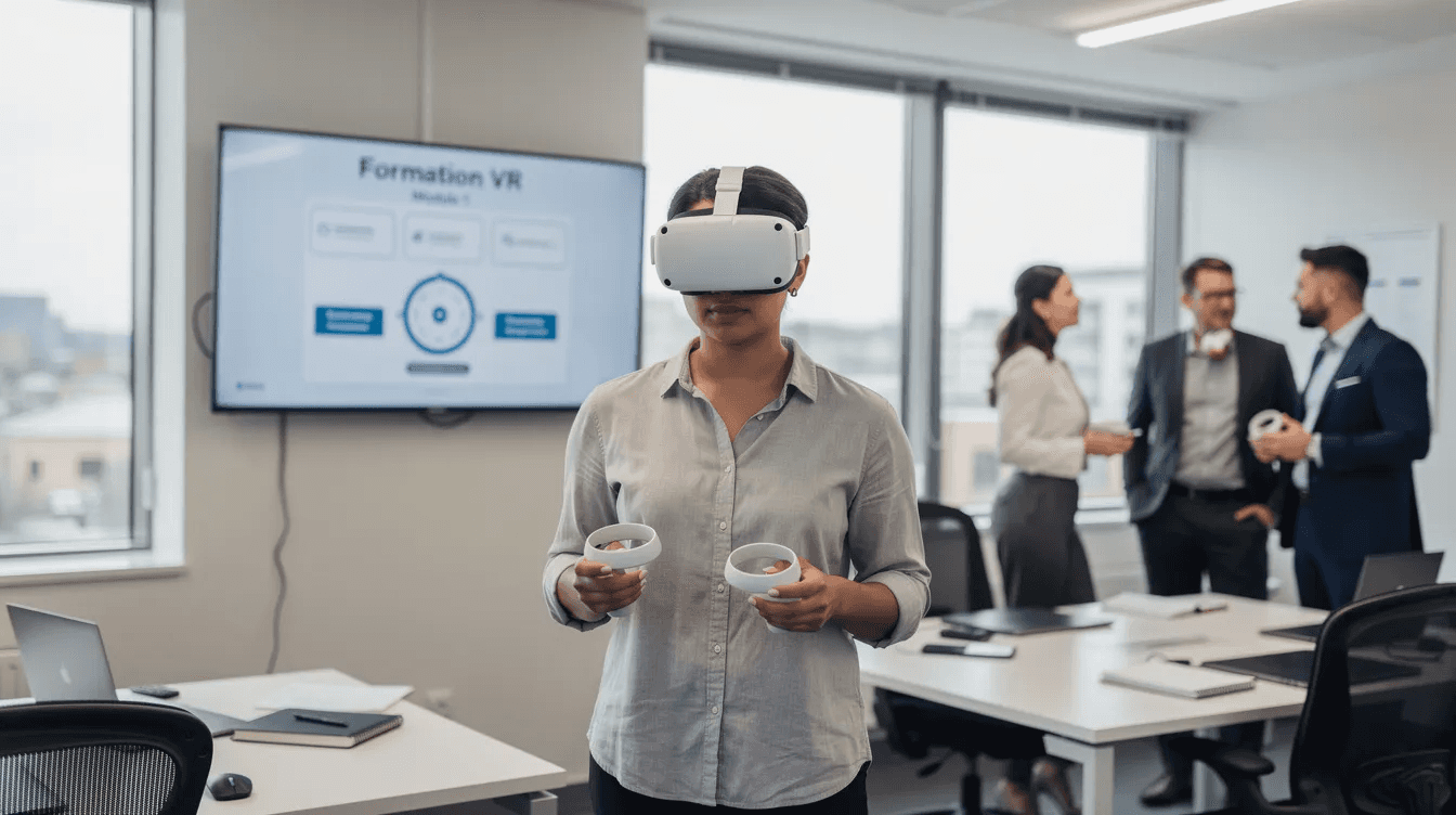 Une personne est en train d'utiliser un casque de réalité virtuelle dans un environnement professionnel dédié à la formation. Cette image illustre l'importance des formations sur mesure pour le développement des compétences des collaborateurs au sein d'une entreprise.