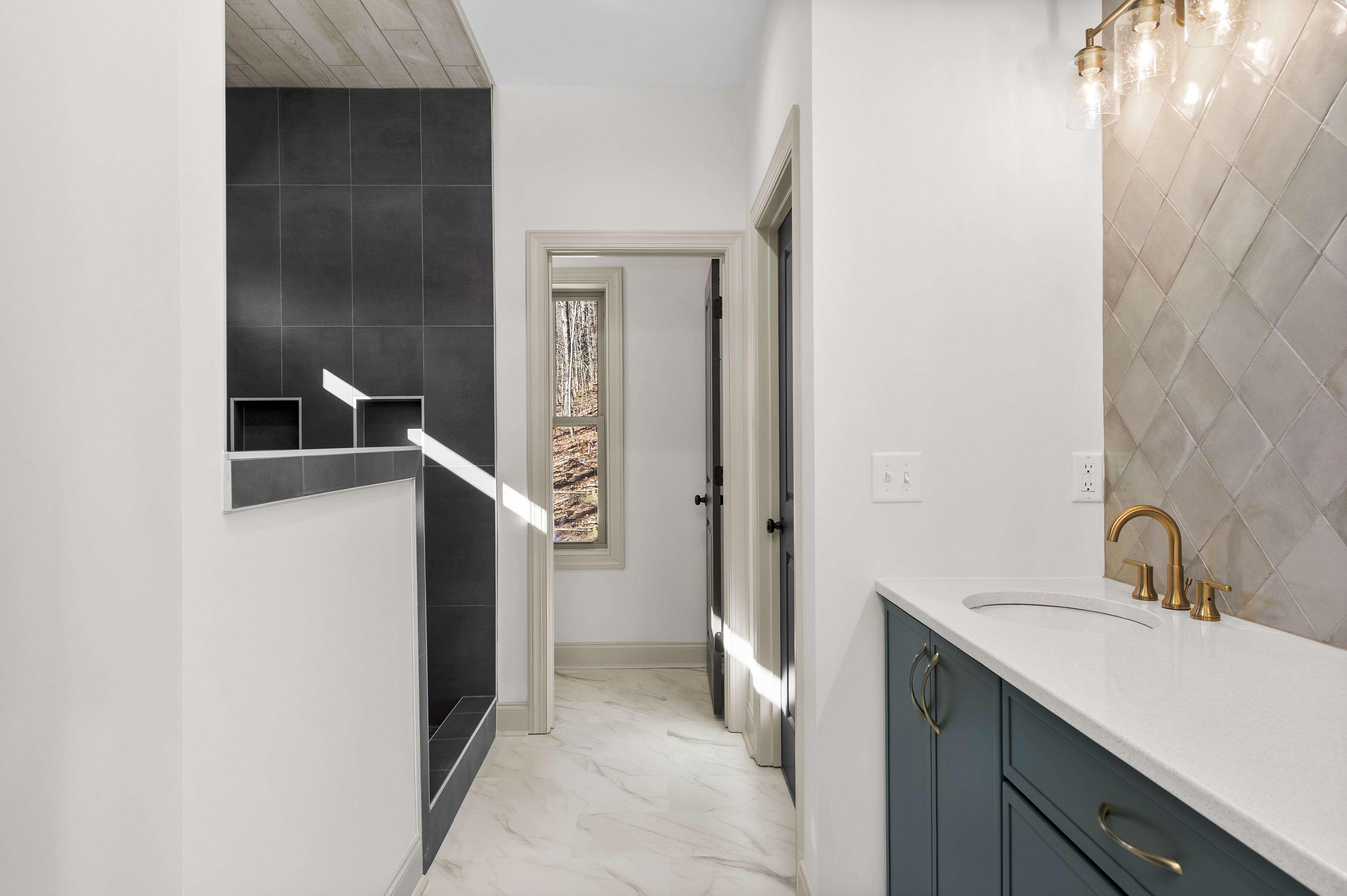 Spacious living room with vaulted ceilings and hardwood floors