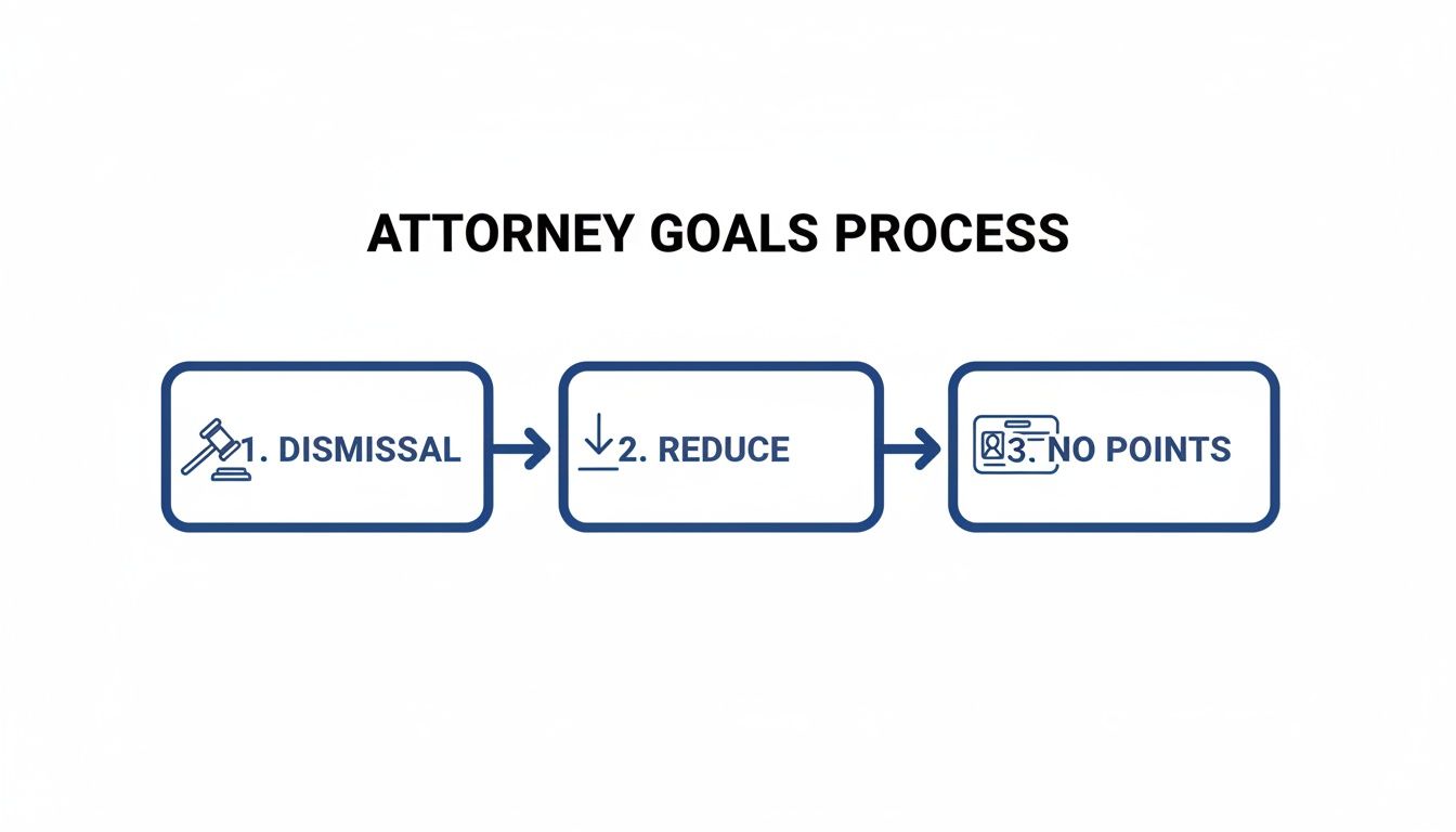Flowchart showing an attorney's goals: 1. Dismissal, 2. Reduce, and 3. No points.