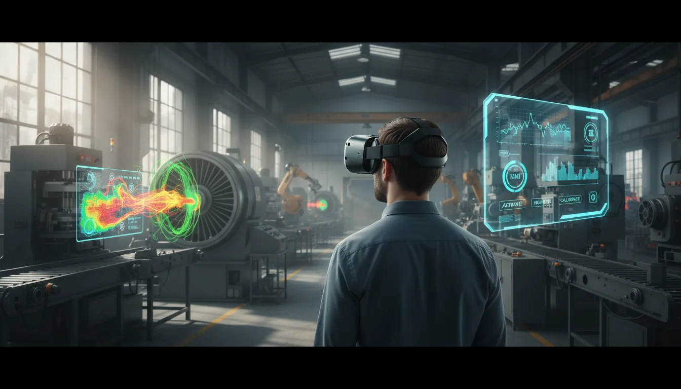 DSLR photograph, view from behind a male engineer wearing a black VR headset in an industrial factory setting. A semi-transparent augmented reality overlay of a digital twin is superimposed on the machinery, visualizing CFD data with vibrant, flowing fields of green, yellow, and red. A floating, futuristic UI panel with a glassmorphism style and bright blue accents hovers in the air, displaying abstracted data and placeholder control buttons. The scene is illuminated by soft, natural daylight, creating a clean, high-tech aesthetic.