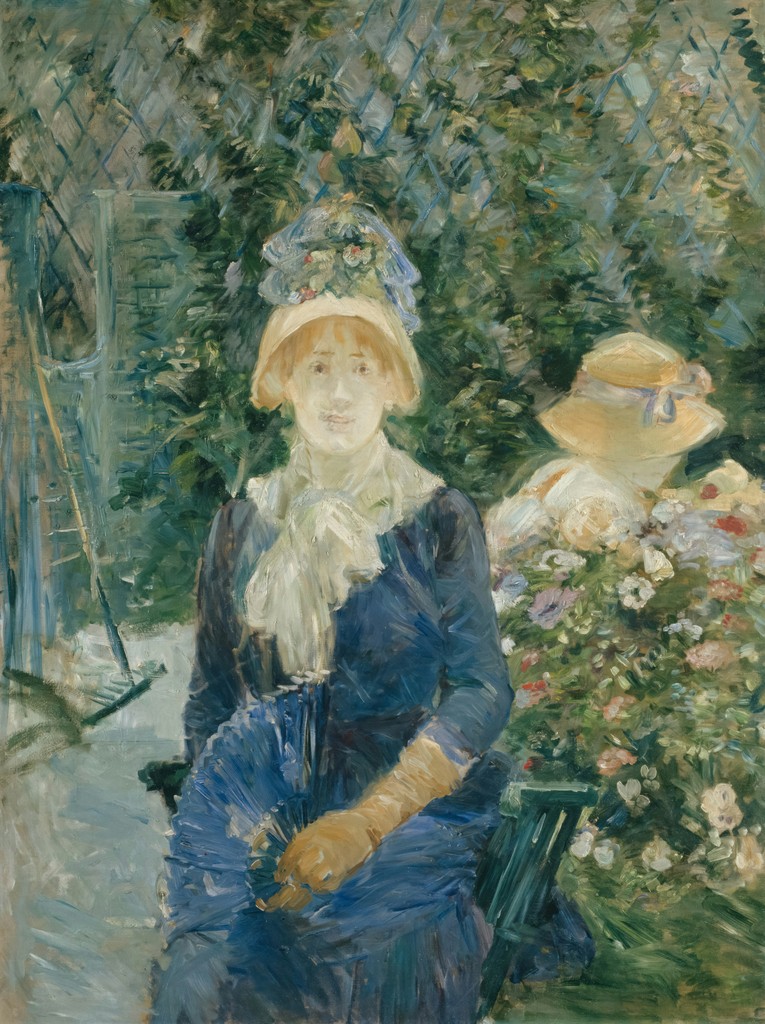 a painting of a woman sitting on a bench