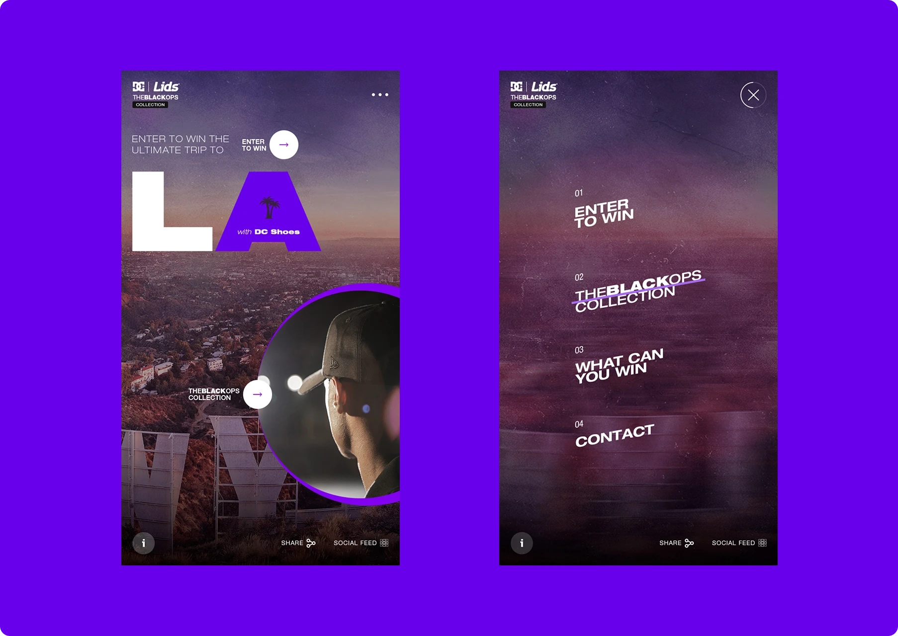 Two smartphone screens on a vivid purple background show a moody music contest website with a cityscape, “Enter to win,” portrait, and menu.