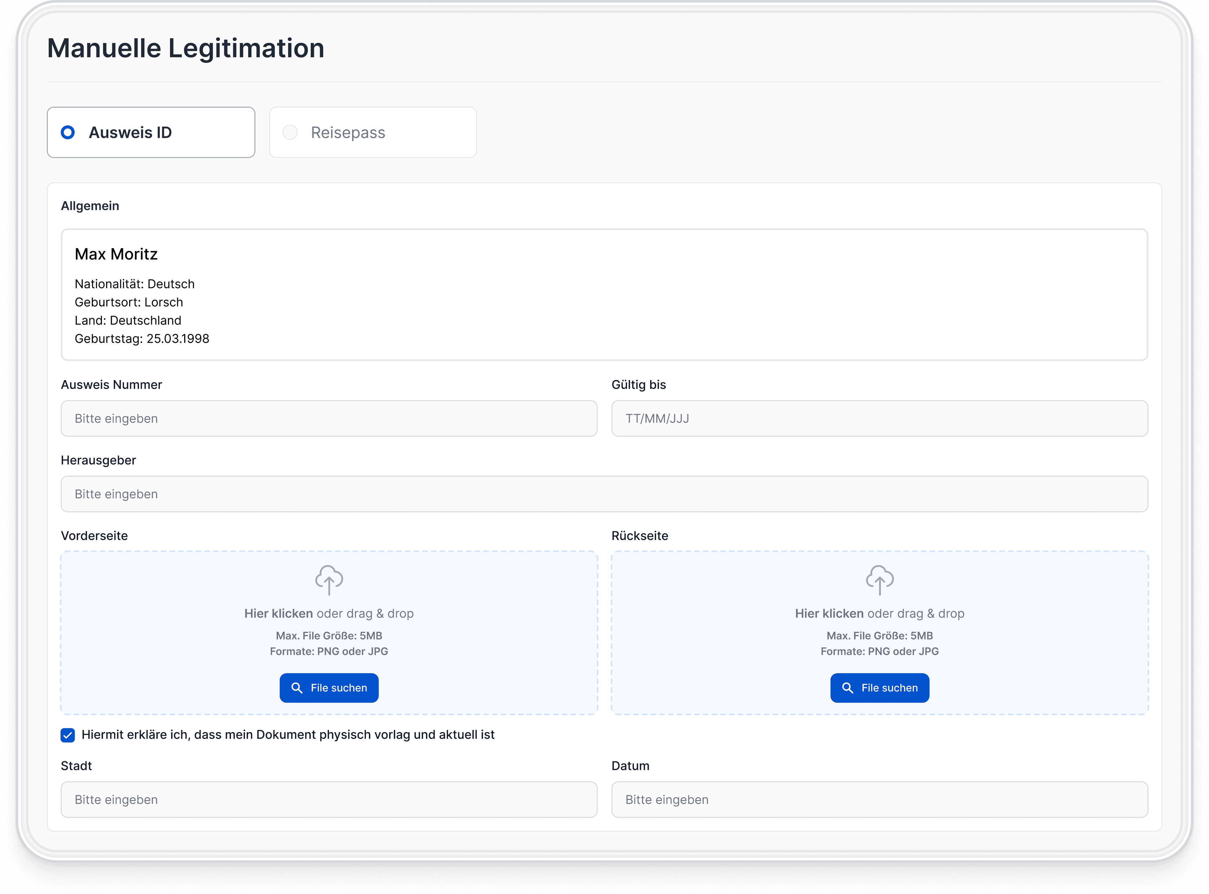 Nahaufnahme des Bildschirms zur manuellen Legitimierung mit Eingabefeldern für die Identitätsprüfung, Dokumenten-Upload und Benutzerangaben.