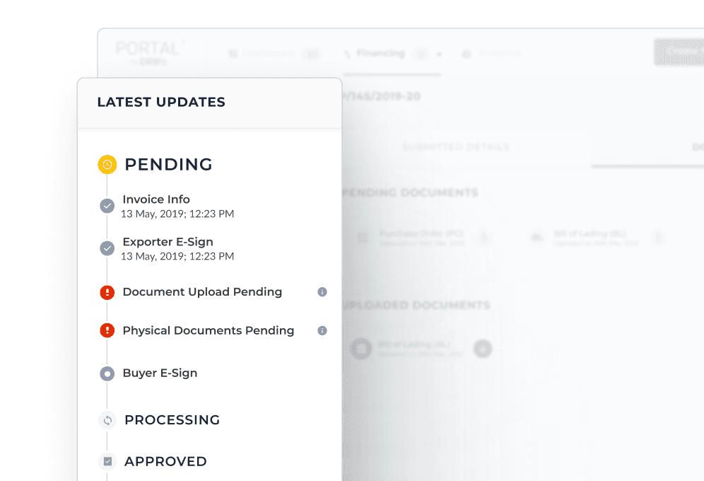 A "Latest Updates" panel showing an invoice status timeline with pending, processing, and approved stages, including steps for invoice info, e-sign, document upload, and physical documents.