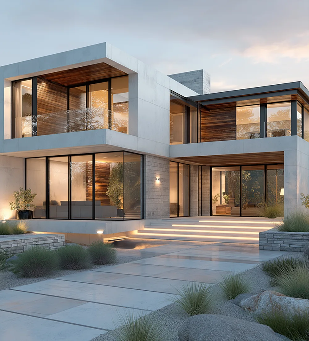 Modern luxury villa with large glass windows, warm interior lighting, and a landscaped front entrance.