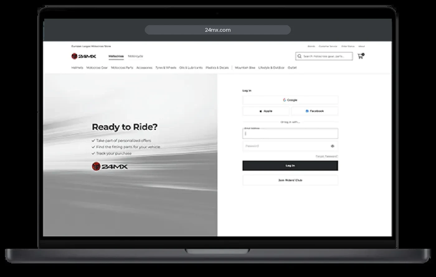 24MX desktop login page with the headline Ready to ride?
