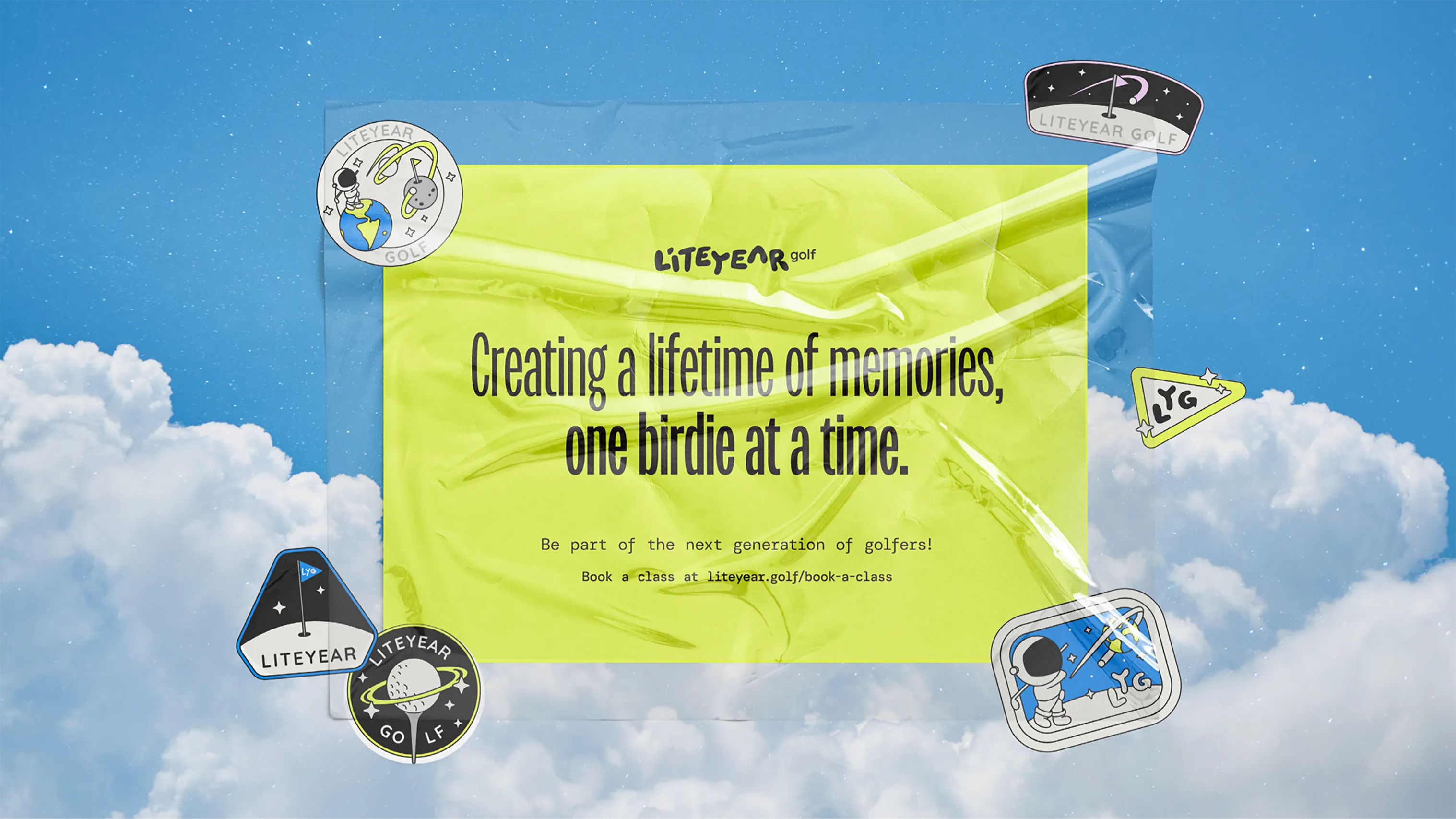 Liteyear Golf campaign graphic with patches and Creating a lifetime of memories, one birdie at a time messaging