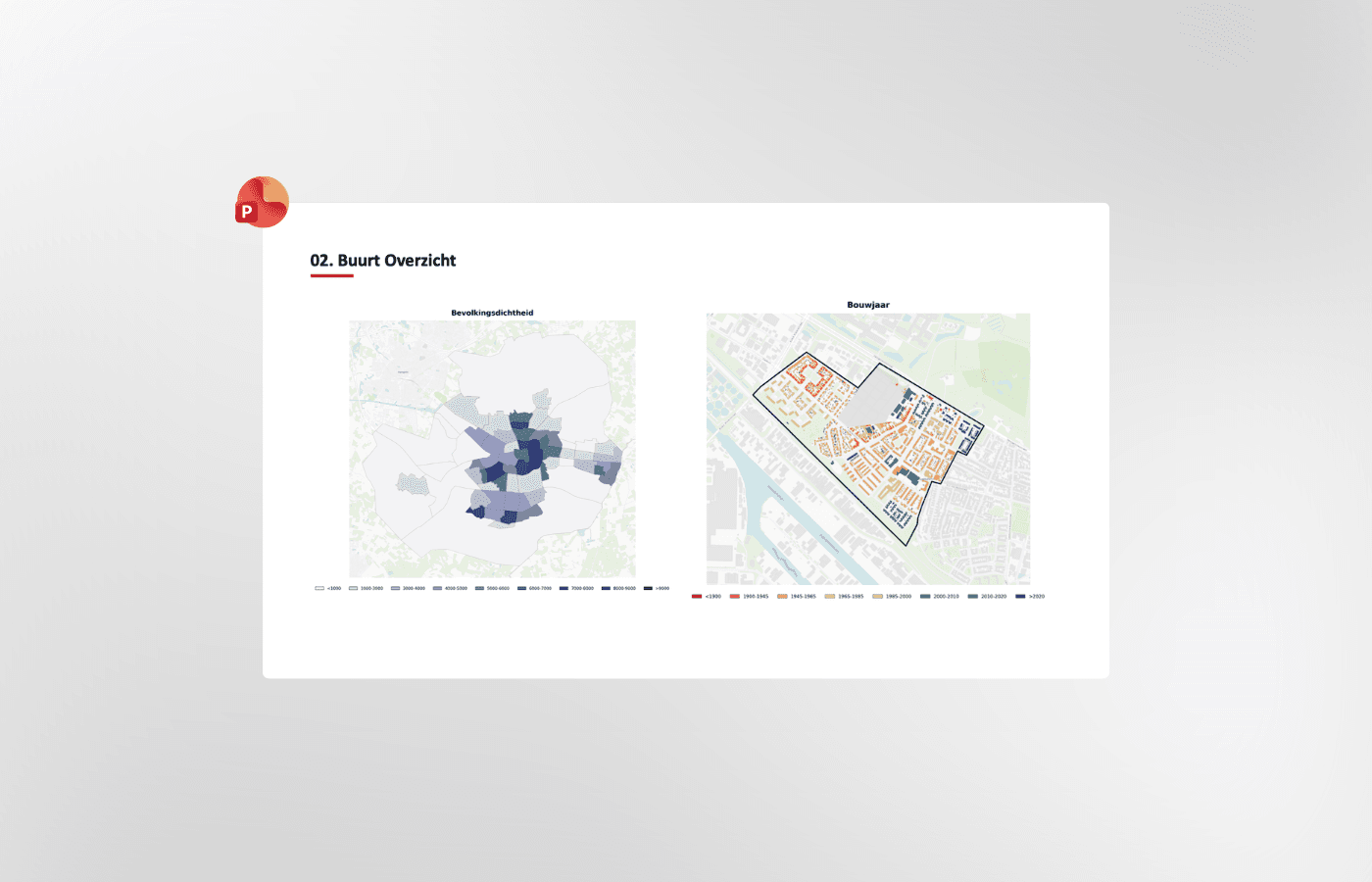 Automatisch gegenereerde Wijkscan-slide met kaarten van bevolkingsdichtheid en bouwjaren per buurt