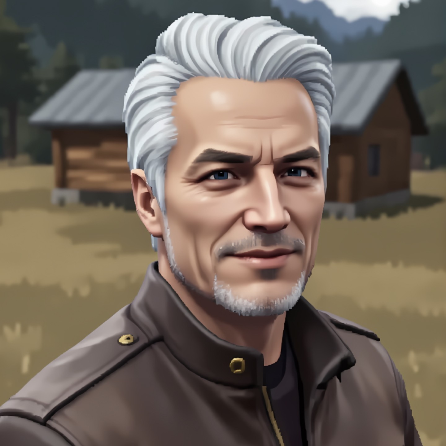 Middle-aged man with gray hair and a beard, wearing a leather jacket, with a PS2 filter style effect, standing outdoors in front of a cabin.