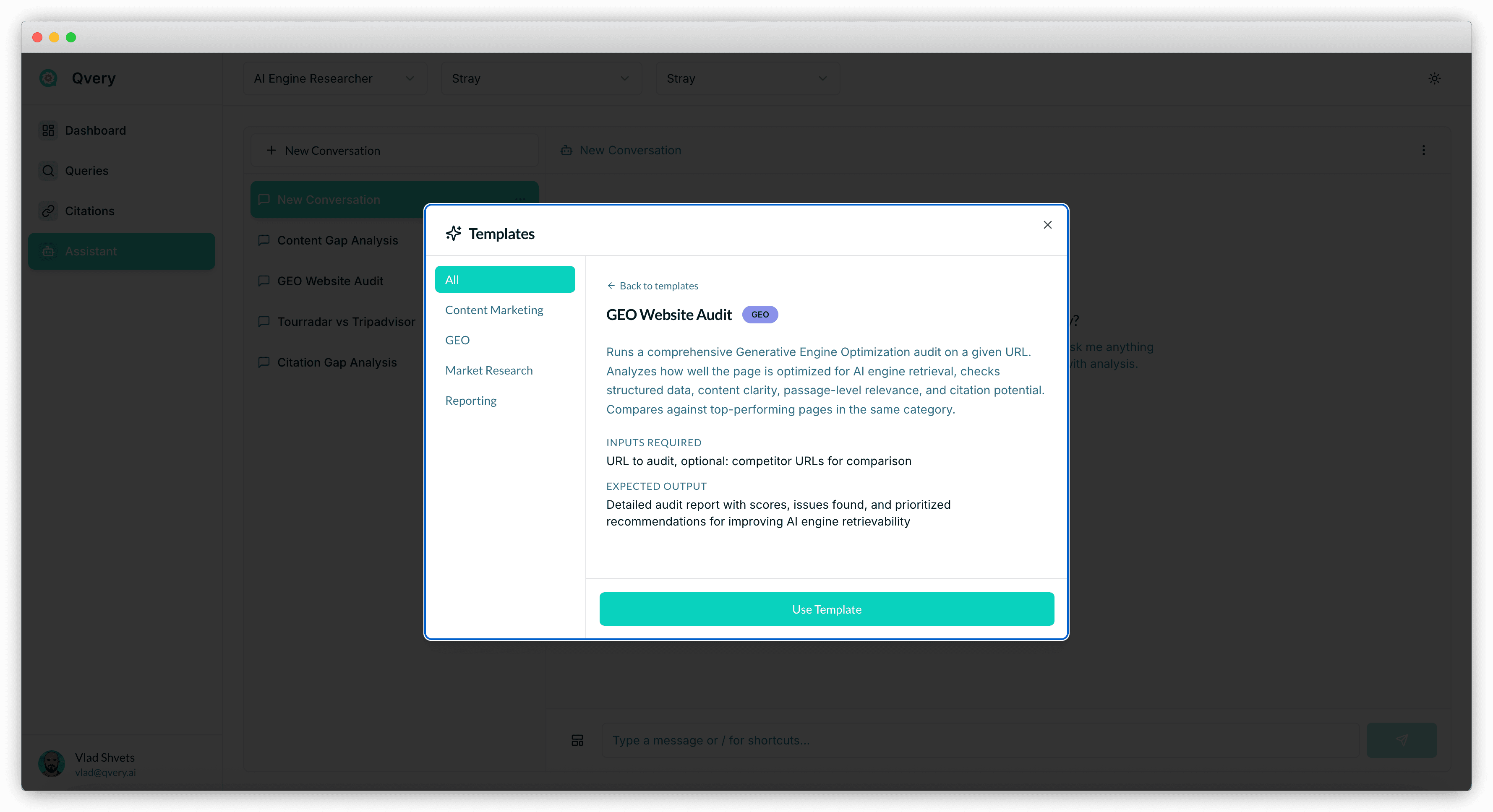Screenshot of the GEO Audit template in Qvery Assistant