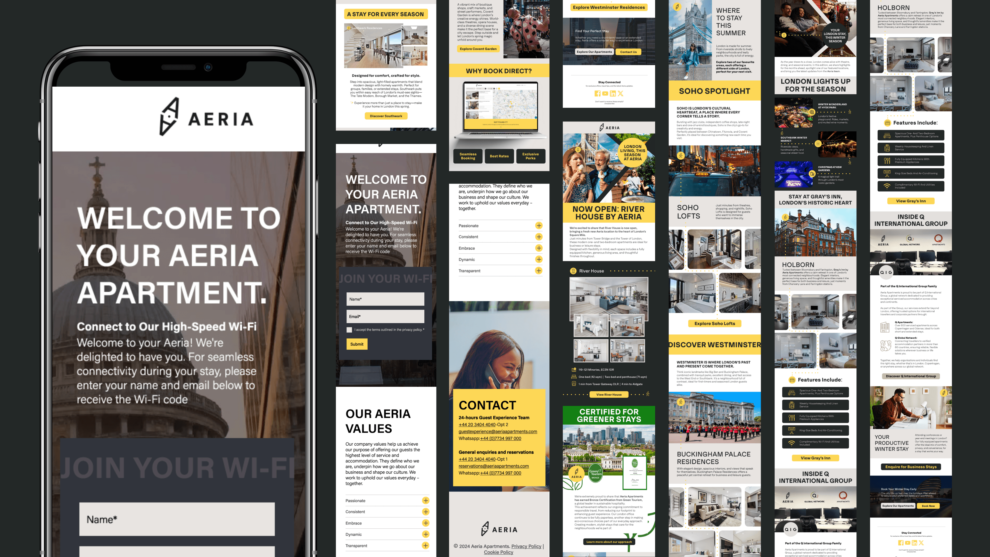 A smartphone mockup displaying the AERIA Apartments website homepage with a large headline reading “Welcome to Your Aeria Apartment” and a Wi-Fi sign-up form. Surrounding the phone are multiple vertical email newsletter designs featuring apartment promotions, property highlights, seasonal campaigns, contact information, and images of London landmarks and interiors, all branded with AERIA’s black and yellow visual identity.
