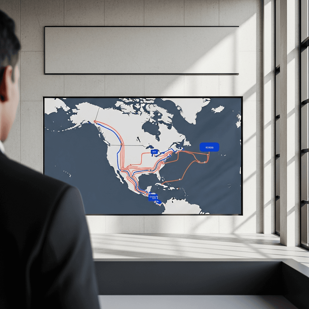 Editorial photograph of a modern, minimal logistics command center with natural light from large windows. The focus is a large wall-mounted screen displaying a simplified map. On the map, smooth, fluid lines in brand colors #E76F51 (warm coral) and #1F3B5B (deep blue) show dynamically optimized delivery routes. The room itself is clean, with concrete floors and walls in #F5F2EC (off-white). The foreground is slightly out of focus, showing the shoulder of a person looking at the screen. Aspect ratio 16:9, with empty space in the upper-left third for text overlay. Photorealistic, no text, no logos.