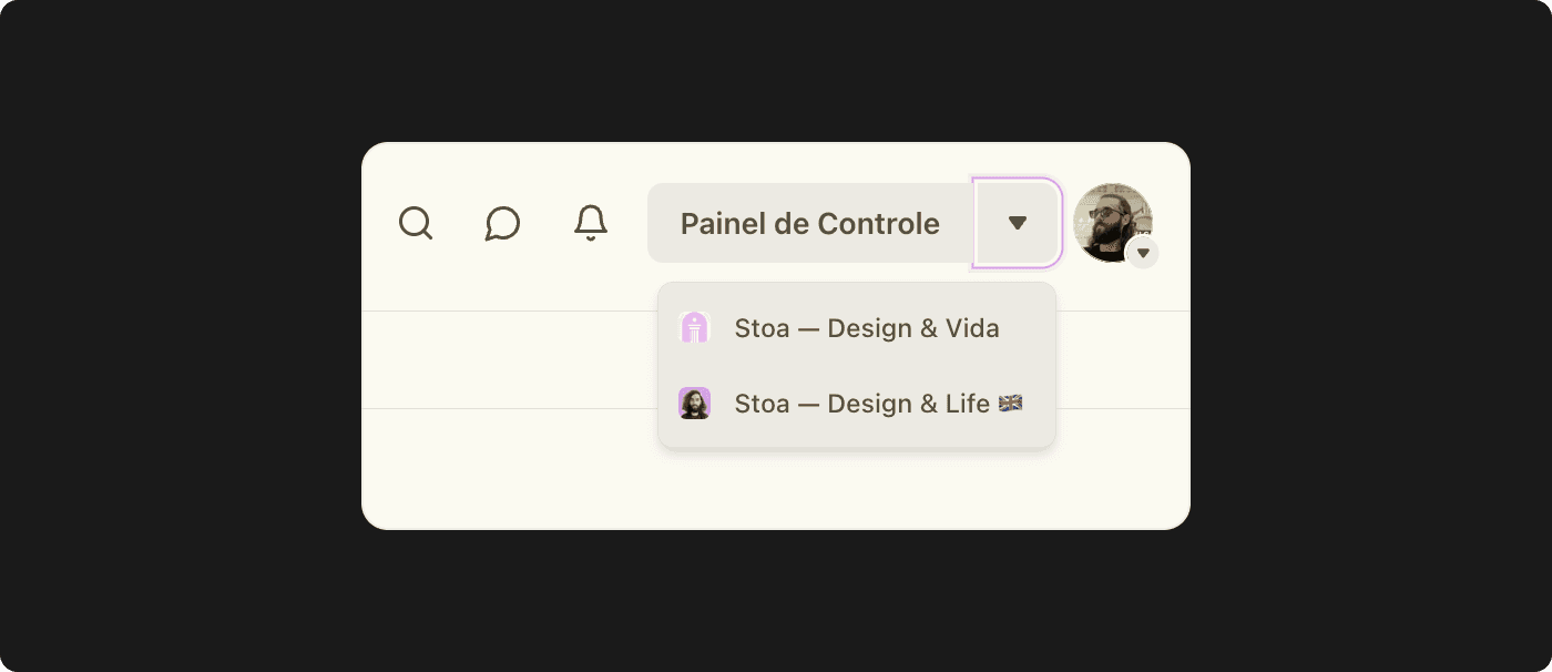 Exemplo de um dropdown com seta e duas opções para alternar entre páginas