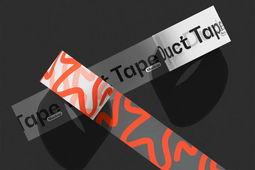 Custom duct tape mockup featuring two strips, one transparent with black text and the other patterned with bold orange squiggles, set against a dark background with dramatic shadows.