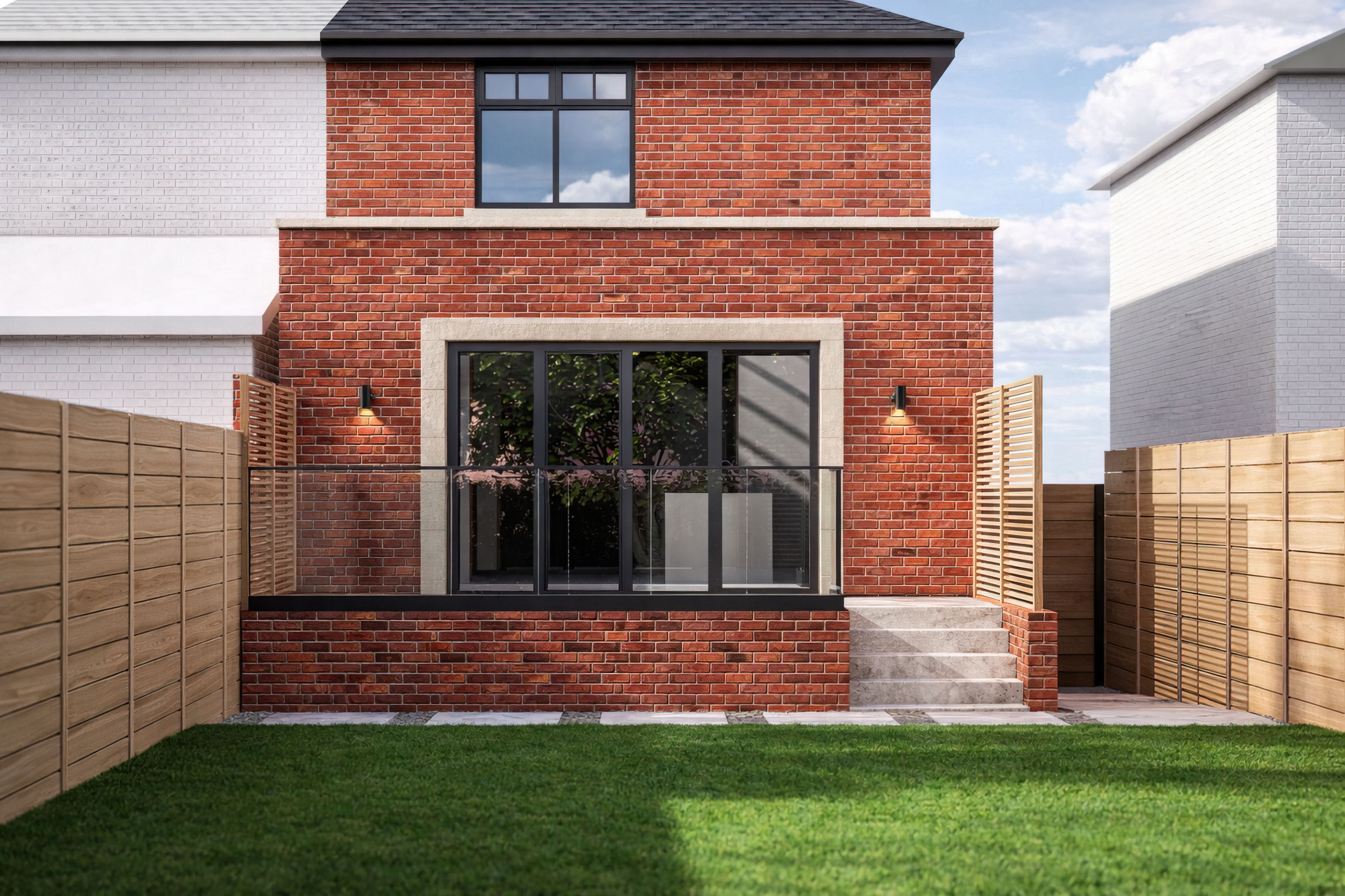 High-end arch viz by Pixelspaces for Kalejay+Co, Manchester-based architecture studio, showing a contemporary house extension with realistic materials, CGI rendering, and exterior lighting detail
