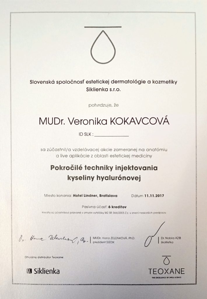 Potvrdenie pre MUDr. Veroniku Hamráčkovú Kokavcovú o účasti na školení pokročilých techník injektovania kyseliny hyalurónovej Teoxane